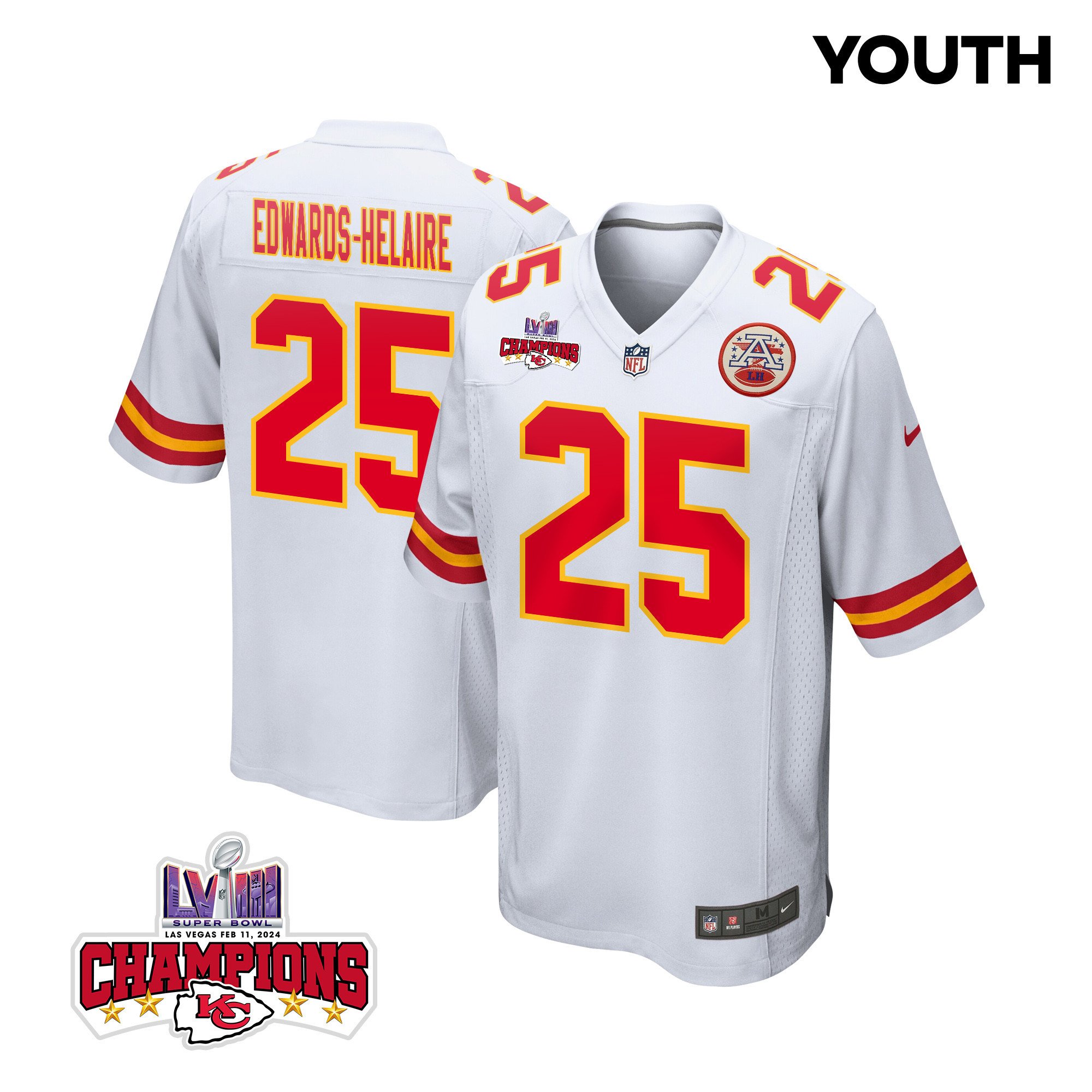 Clyde Edwards-Helaire 25 Kansas City Chiefs Super Bowl LVIII Champions 4 Stars Patch Game White NFL Jersey Youth