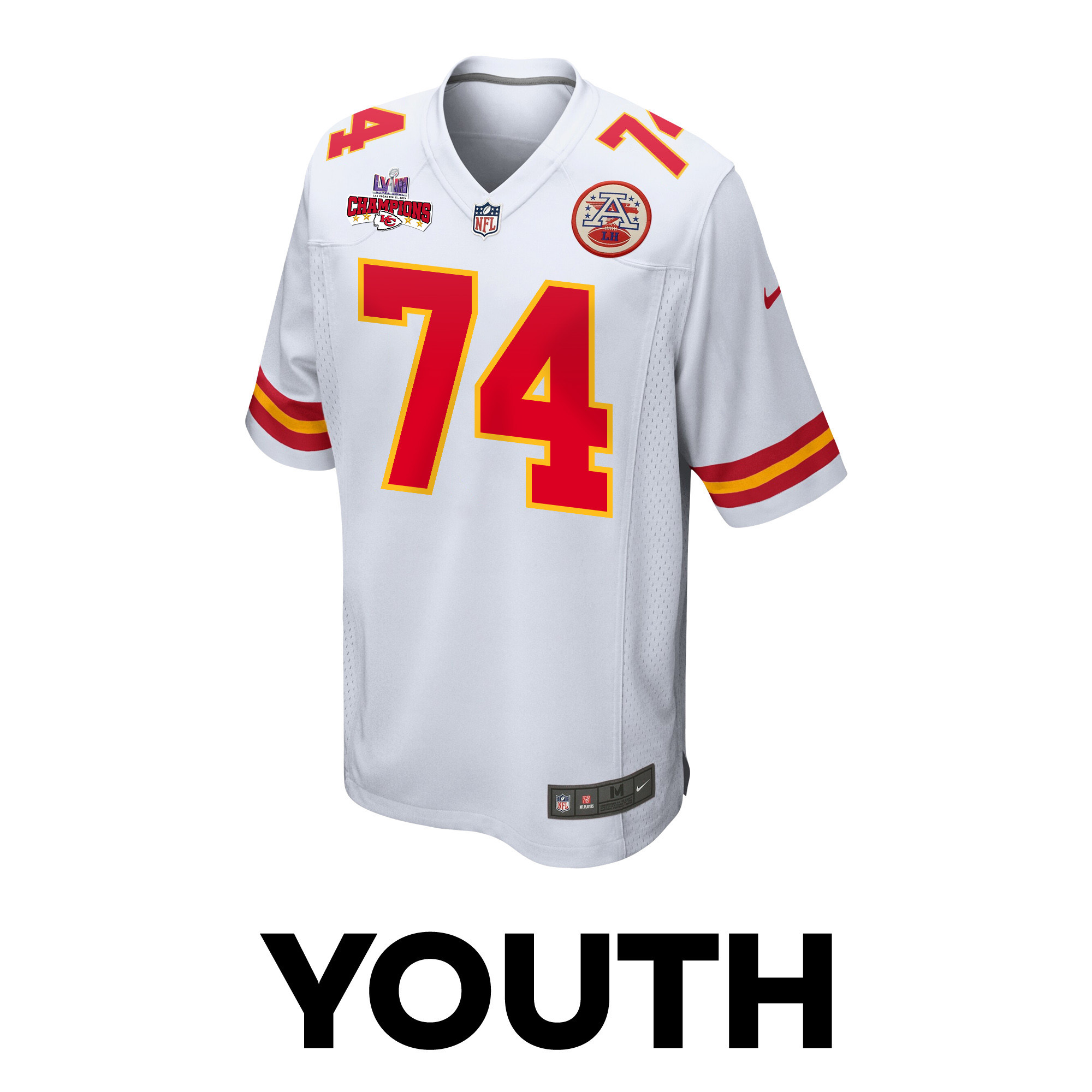 Jawaan Taylor 74 Kansas City Chiefs Super Bowl LVIII Champions 4 Stars Patch Game White NFL Jersey Youth