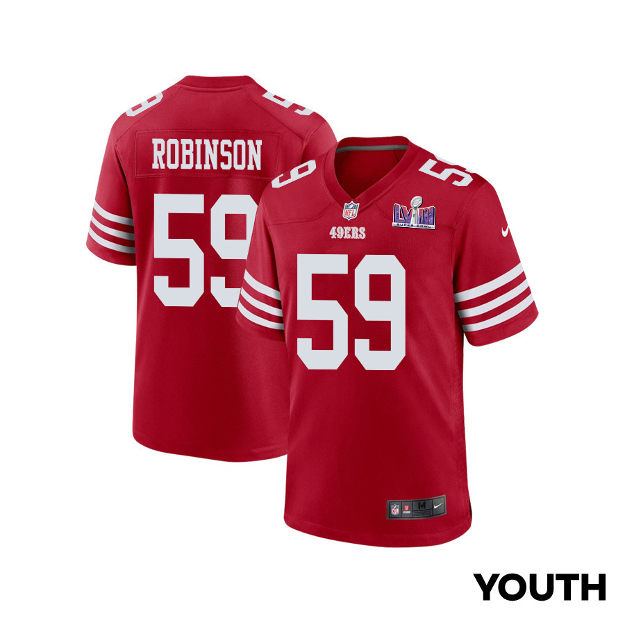 Curtis Robinson 59 San Francisco 49ers Super Bowl LVIII Patch Game Scarlet NFL Jersey Youth