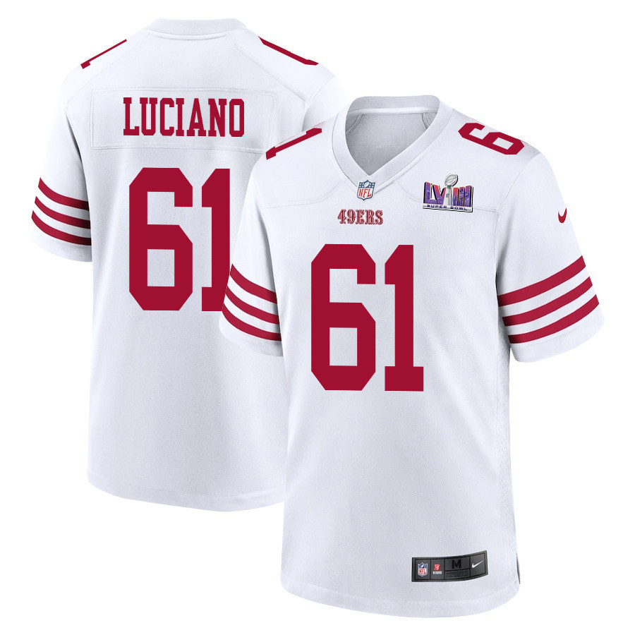 Corey Luciano 61 San Francisco 49ers Super Bowl LVIII Patch Game White NFL Jersey Men's