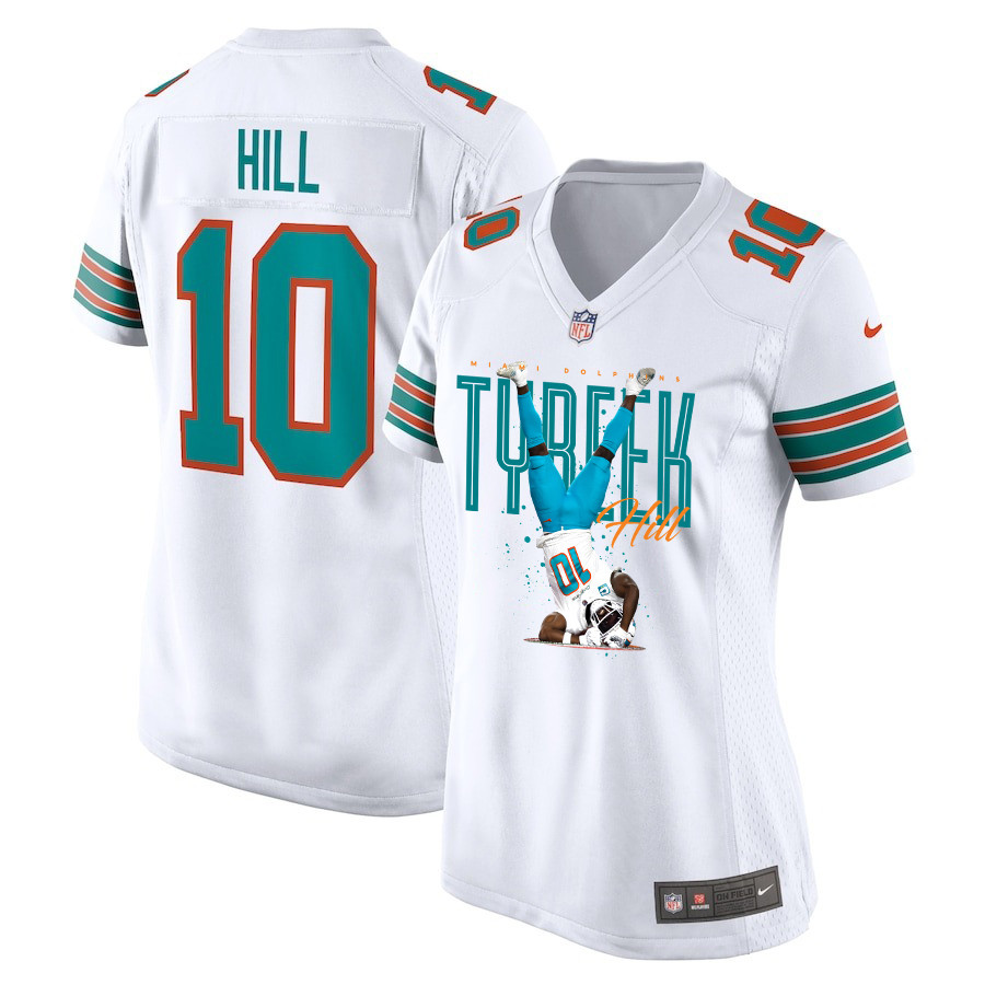 Tyreek Hill 10 Miami Dolphins Celebrating Alternate Game White NFL Jersey Women's