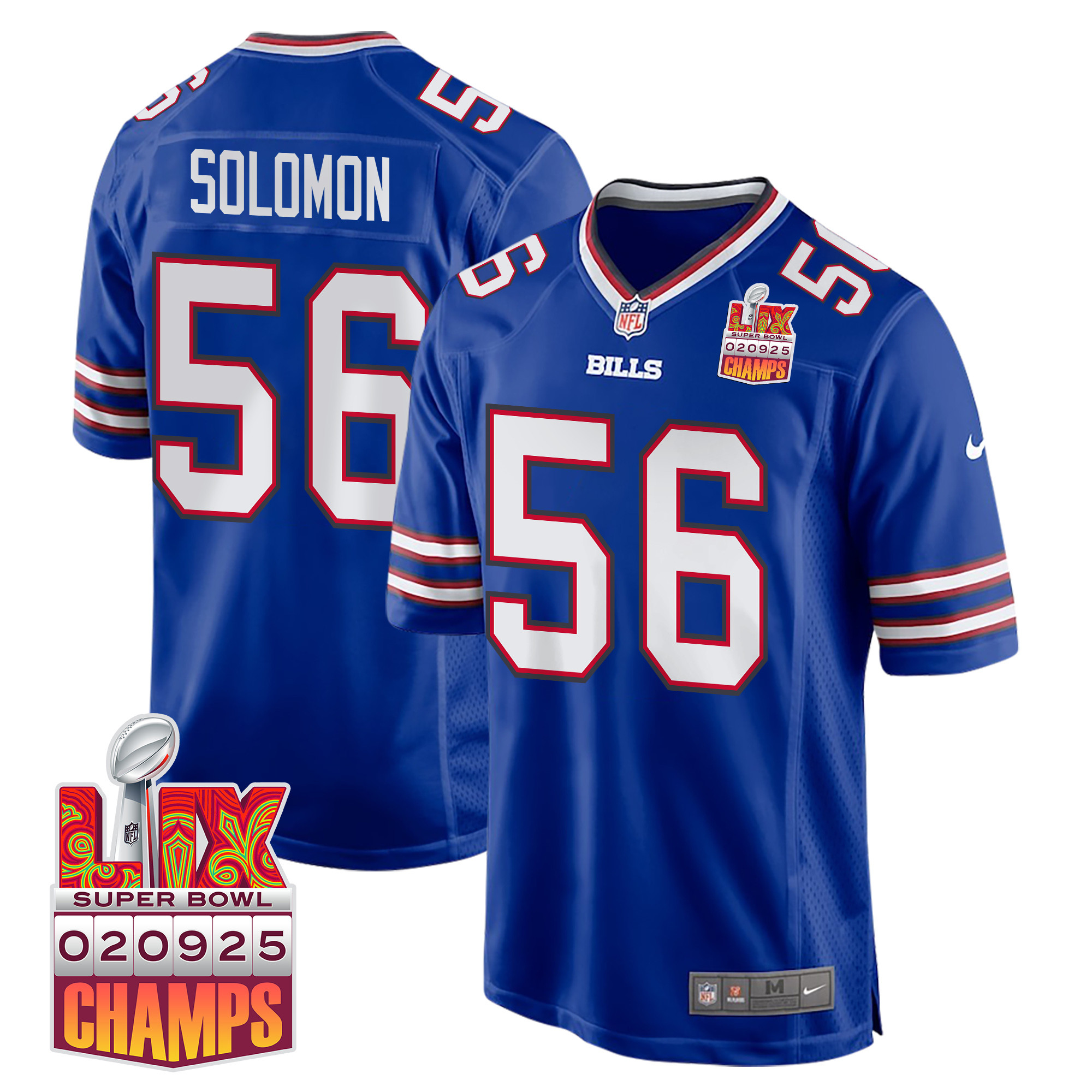 Javon Solomon 56 Buffalo Bills Super Bowl LIX Champions Patch Game Royal NFL Jersey Men's