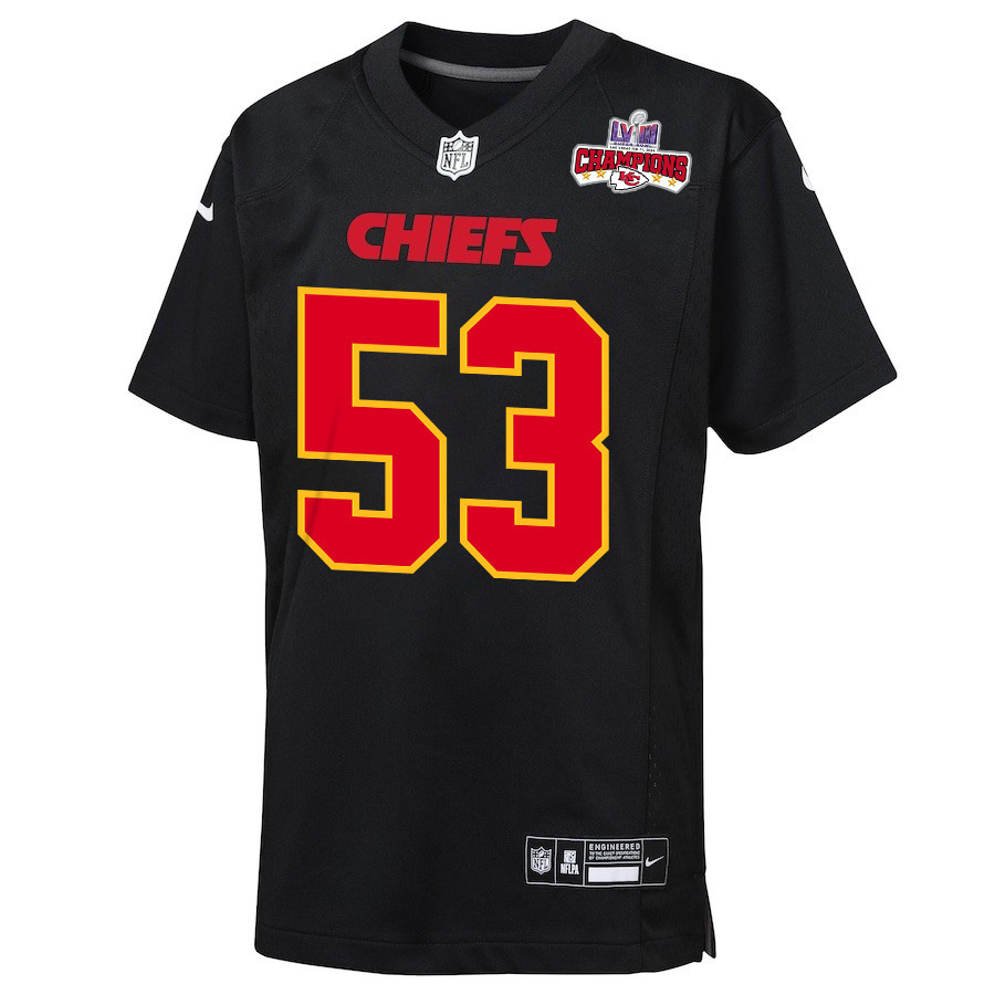 BJ Thompson 53 Kansas City Chiefs Super Bowl LVIII Champions 4 Stars Patch Fashion Game Carbon Black NFL Jersey Youth