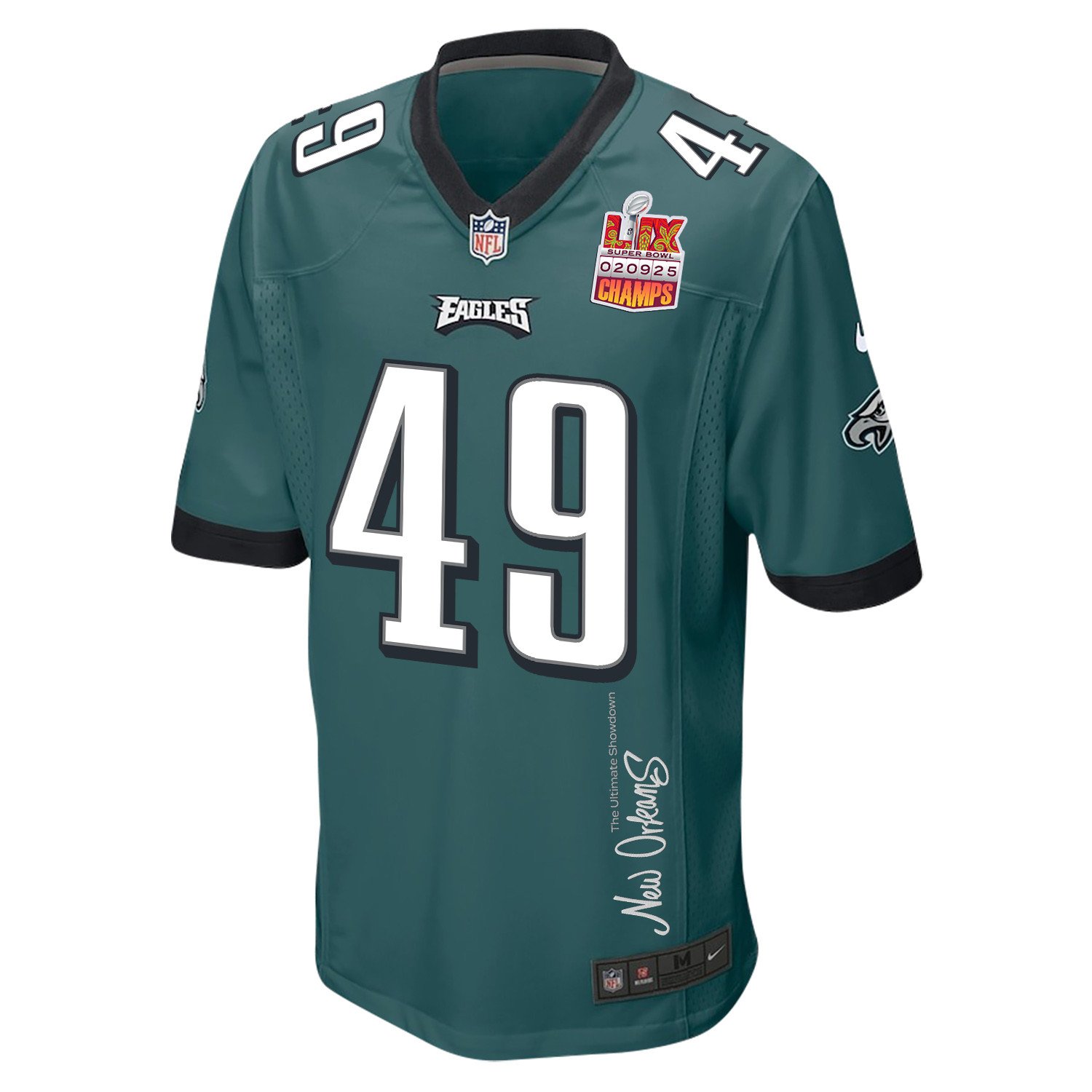 Rick Lovato 49 Philadelphia Eagles Super Bowl LIX Champions Patch New Orleans The Ultimate Showdown' EMBROIDERED Game Midnight Green NFL Jersey Men's