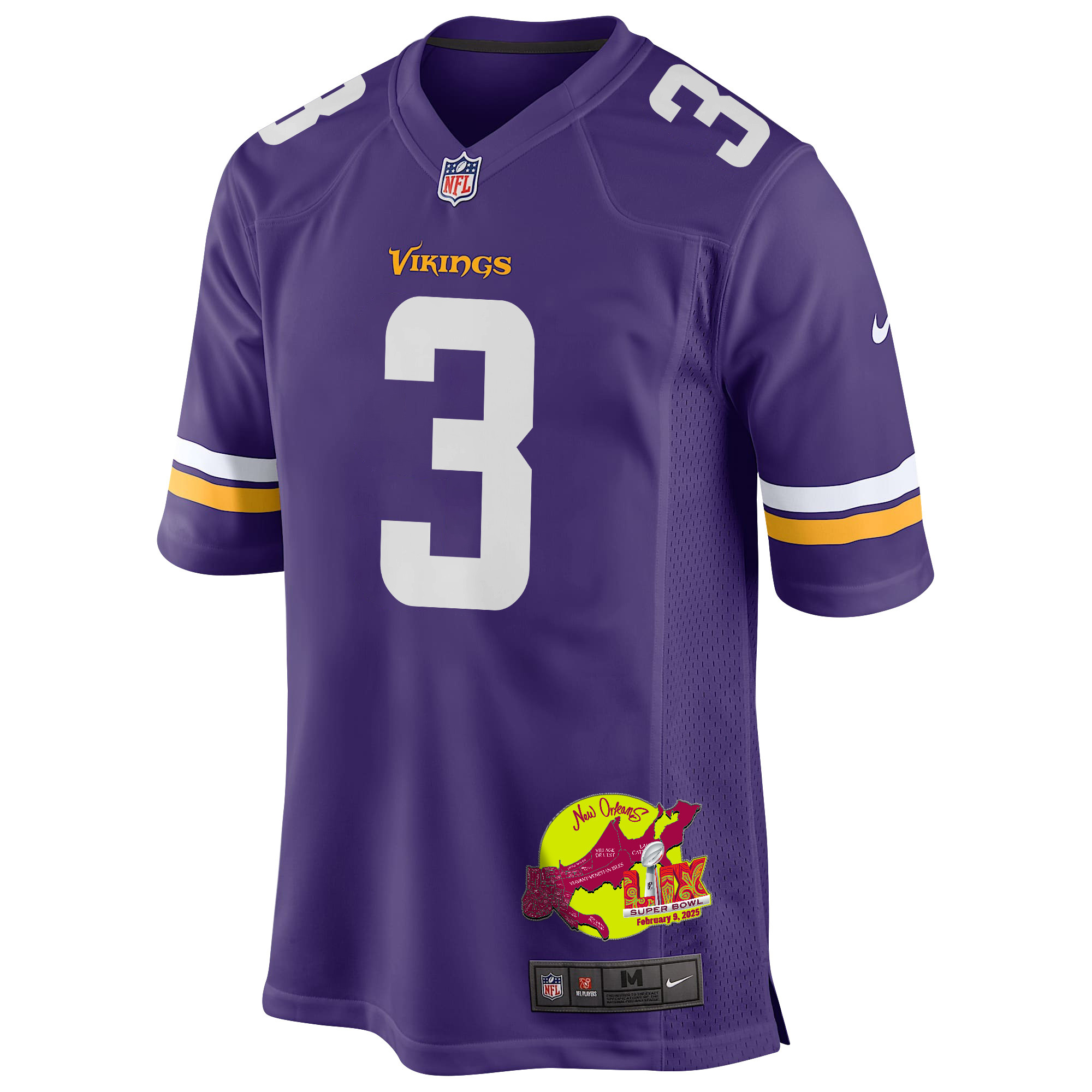 Jordan Addison 3 Minnesota Vikings Super Bowl LIX New Orleans Patch Game Purple NFL Jersey Men's