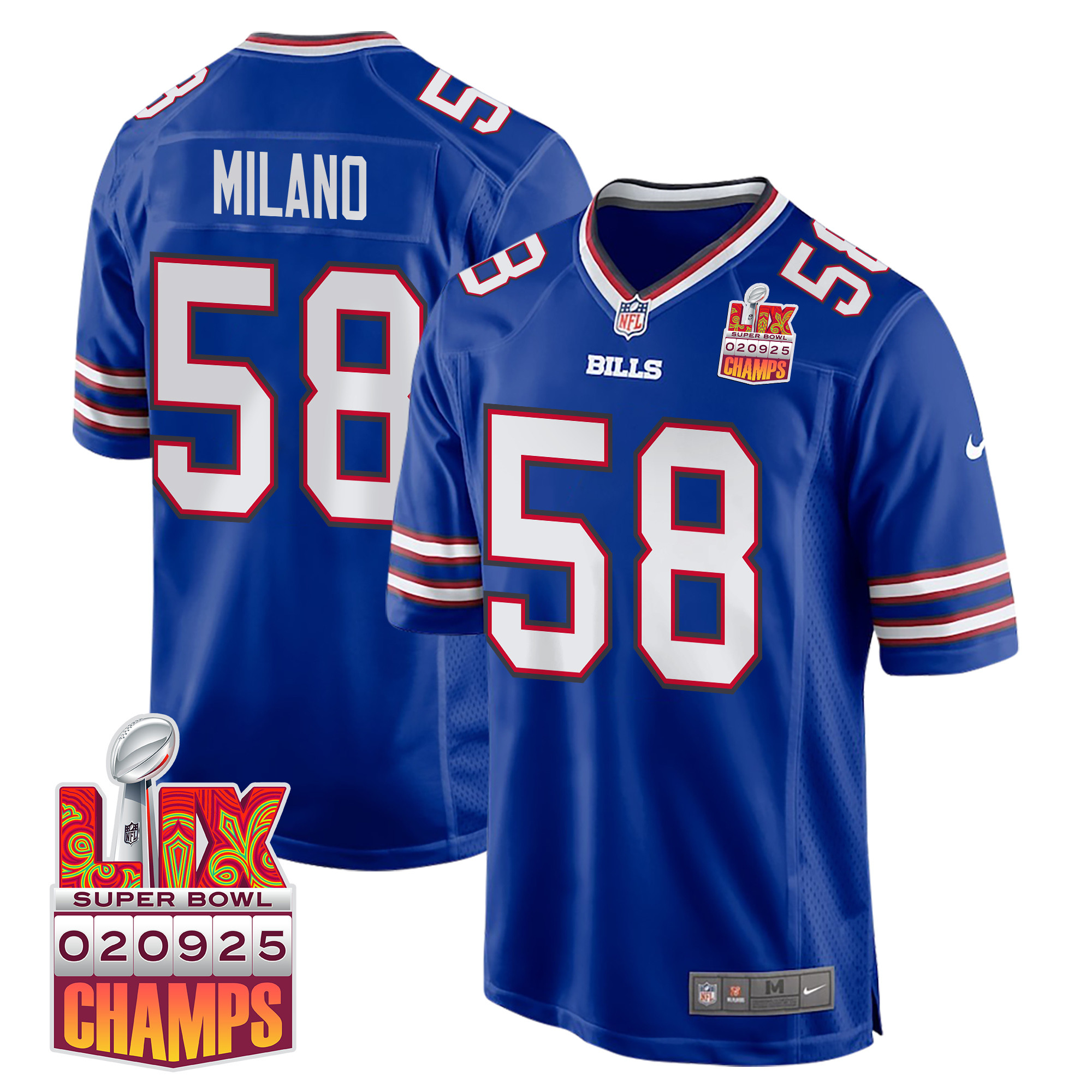 Matt Milano 58 Buffalo Bills Super Bowl LIX Champions Patch Game Royal NFL Jersey Men's