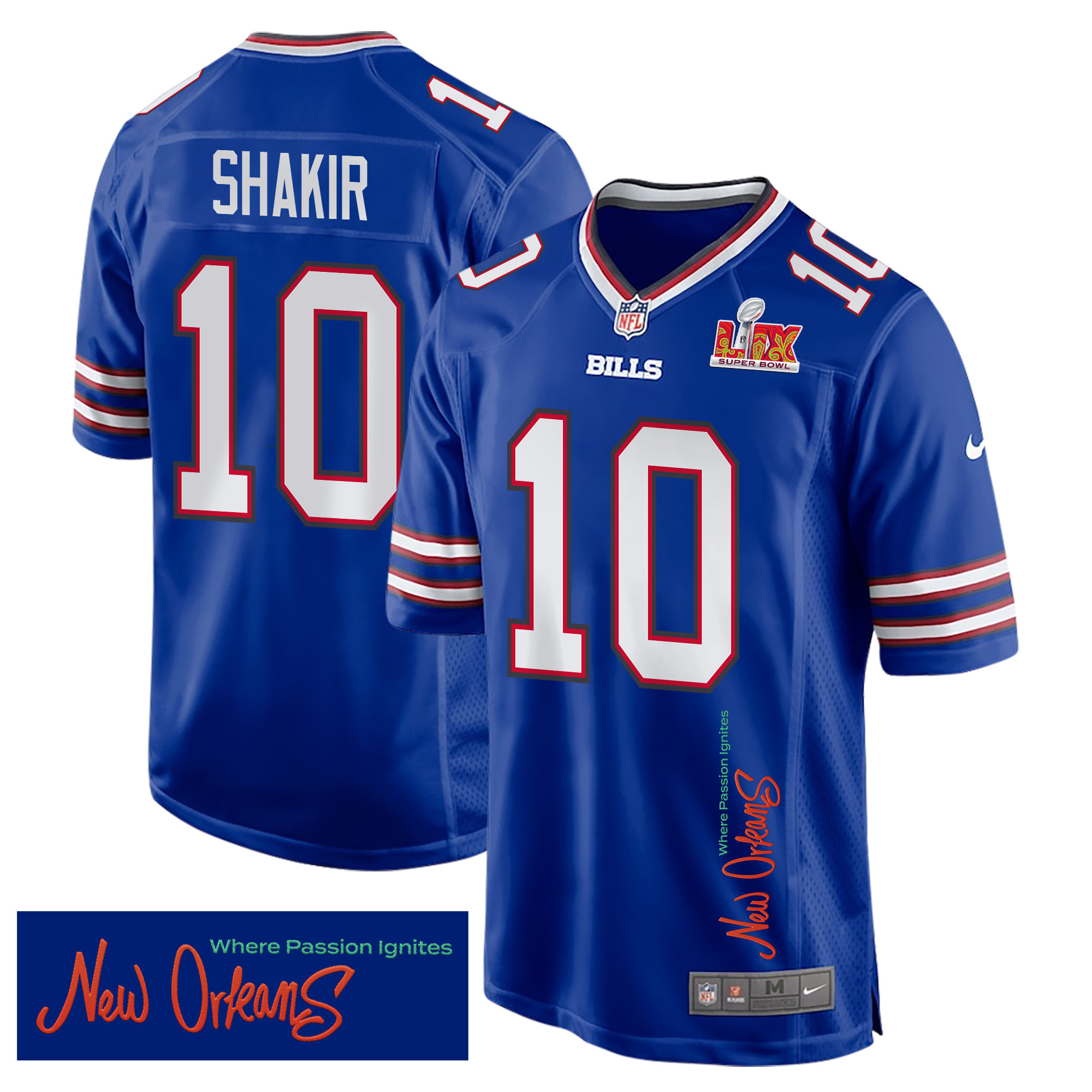 Khalil Shakir 10 Buffalo Bills Super Bowl LIX New Orleans Where Passion Ignites' EMBROIDERED Game Royal NFL Jersey Men's