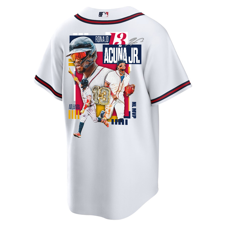 Ronald Acu?a Jr. 13 Atlanta Braves Signed MVP 2023 Home Player White Red MLB Jersey Men's