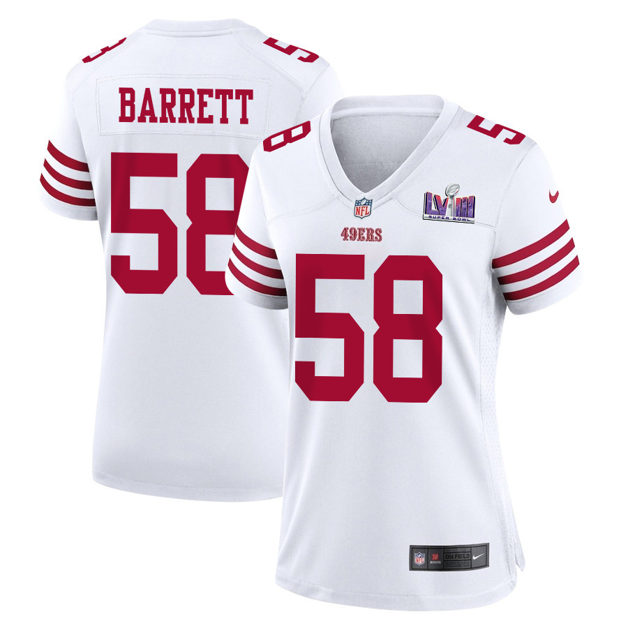 Alex Barrett 58 San Francisco 49ers Super Bowl LVIII Patch Game White NFL Jersey Women's