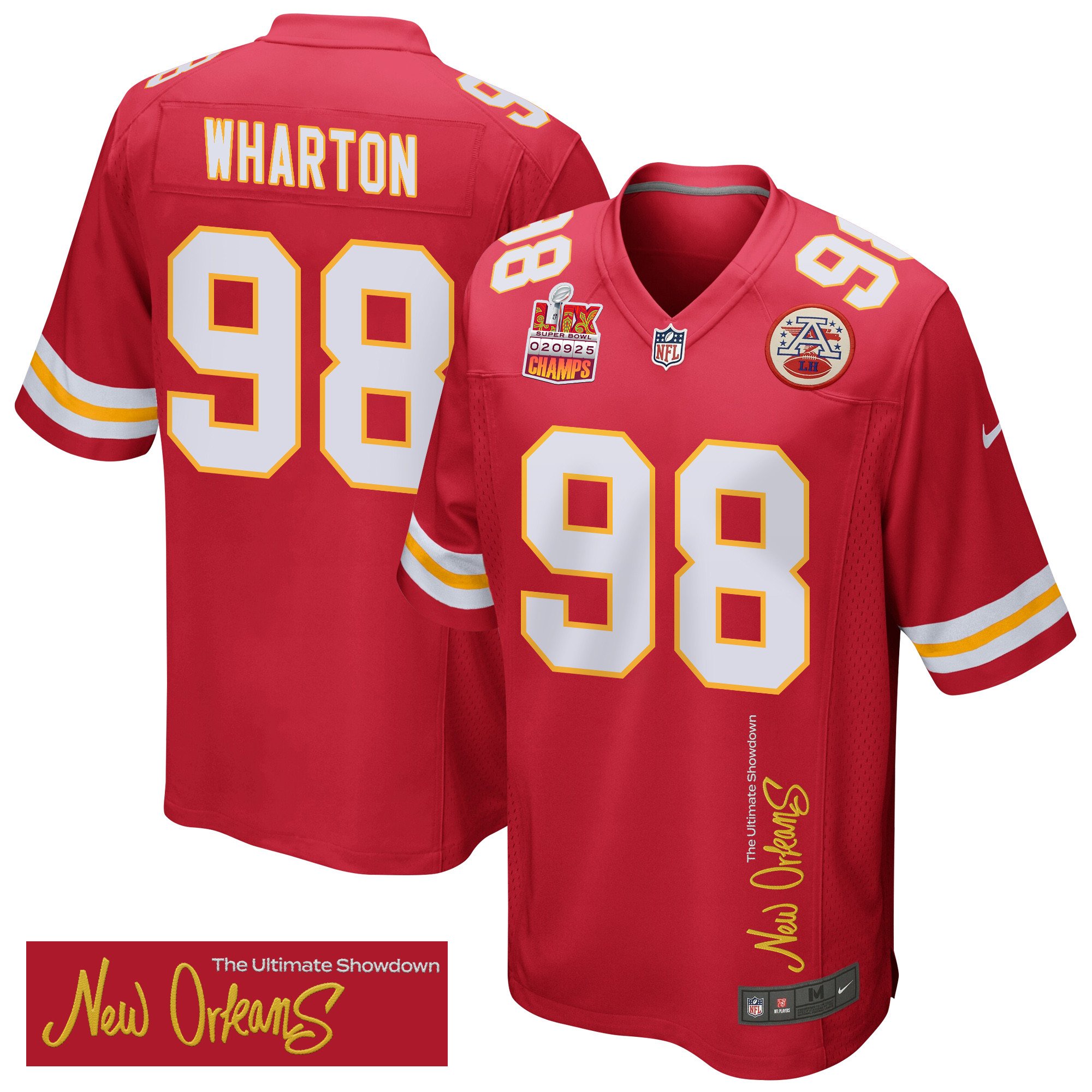 Tershawn Wharton 98 Kansas City Chiefs Super Bowl LIX Champions Patch New Orleans The Ultimate Showdown' EMBROIDERED Game Red NFL Jersey Men's