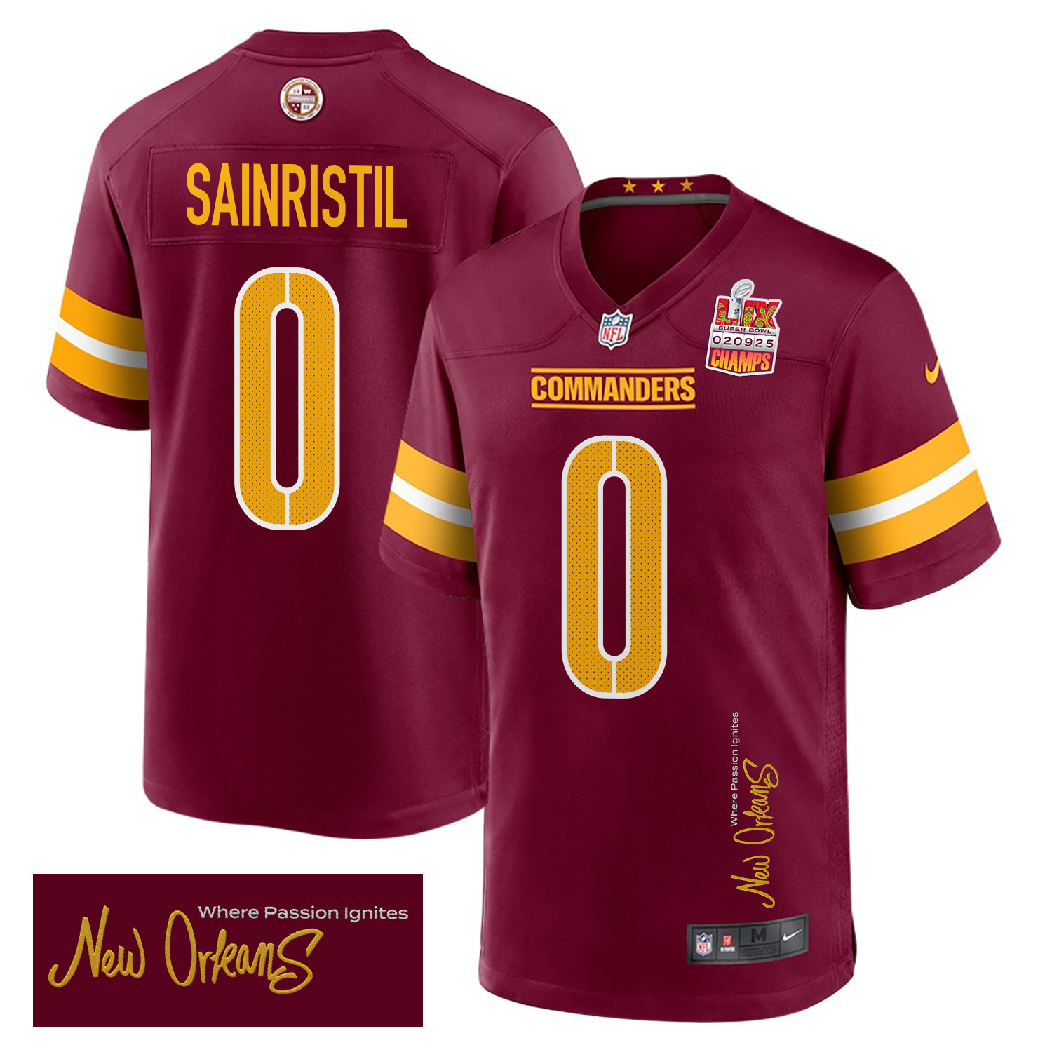 Mike Sainristil 0 Washington Commanders Super Bowl LIX Champions Patch New Orleans Where Passion Ignites' EMBROIDERED Game Burgundy NFL Jersey Men's
