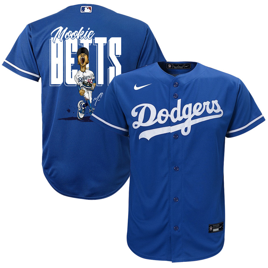 Mookie Betts 50 Los Angeles Dodgers Signed Cartoon 2023 Alternate Player Royal MLB Jersey Youth