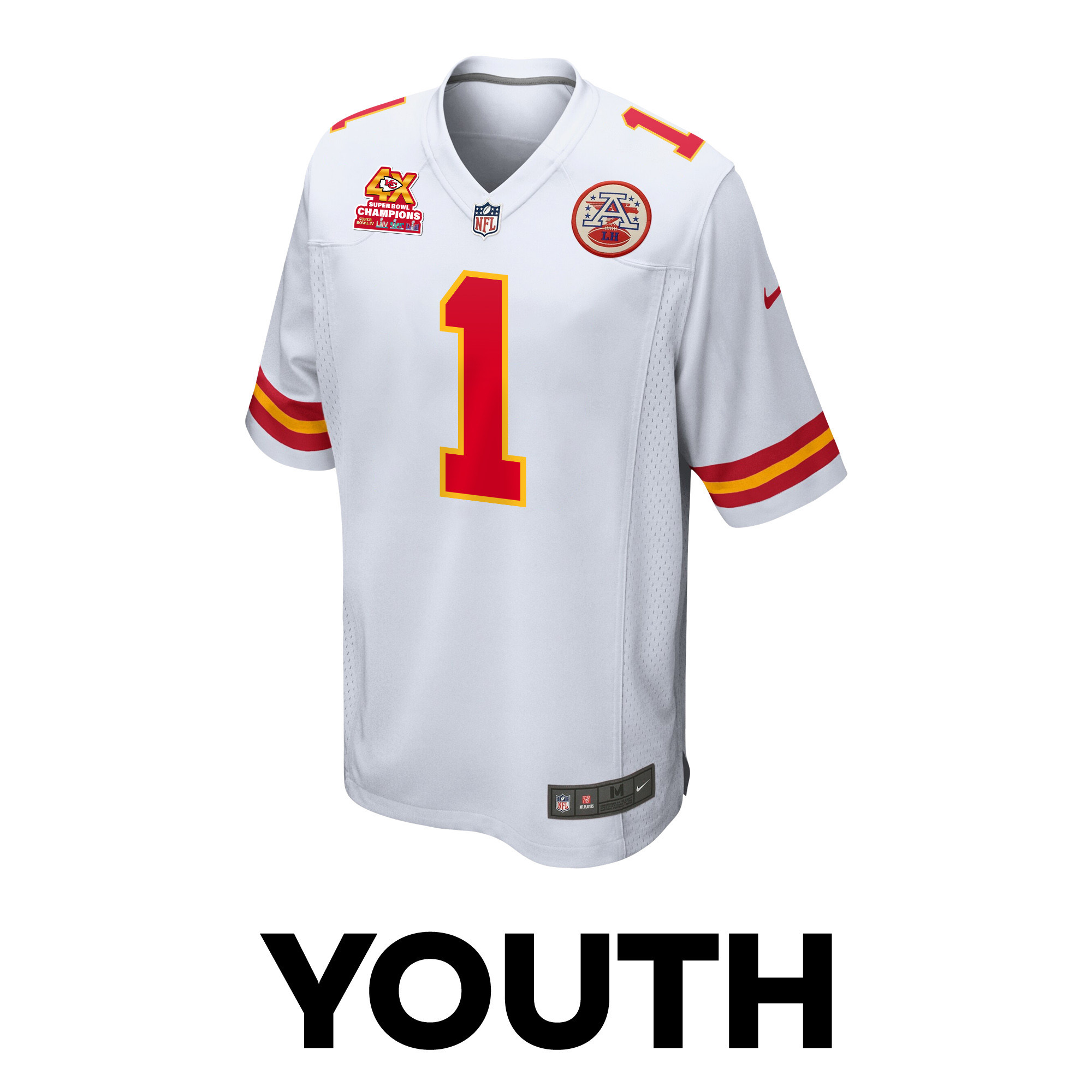 Jerick McKinnon 1 Kansas City Chiefs Super Bowl LVIII Champions 4X Game White NFL Jersey Youth