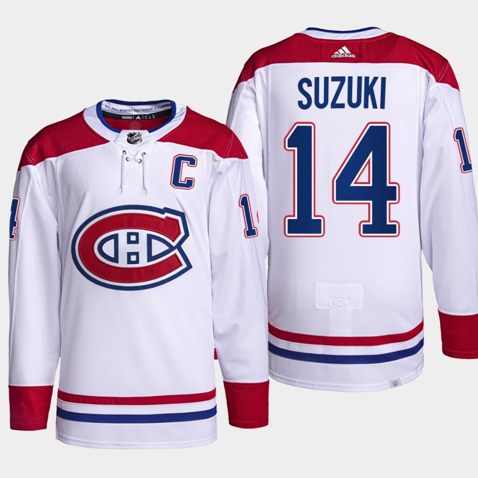 Nick Suzuki 14 Montreal Canadiens White 2023 Captain Patch Primegreen NHL Jersey Men's