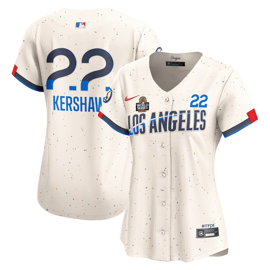 Clayton Kershaw 22 Los Angeles Dodgers 2024 World Series Champions City Connect Limited Player Cream MLB Jersey Women's