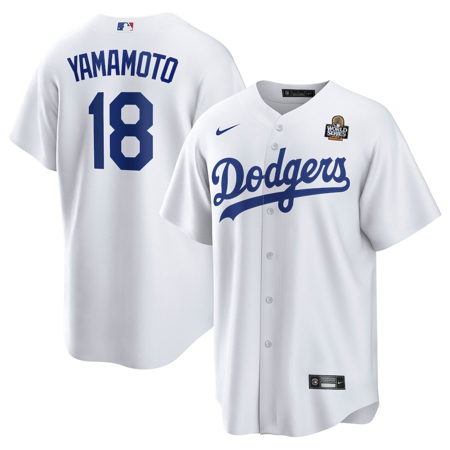 Yoshinobu Yamamoto 18 Los Angeles Dodgers 2024 World Series Home Player White MLB Jersey Men's