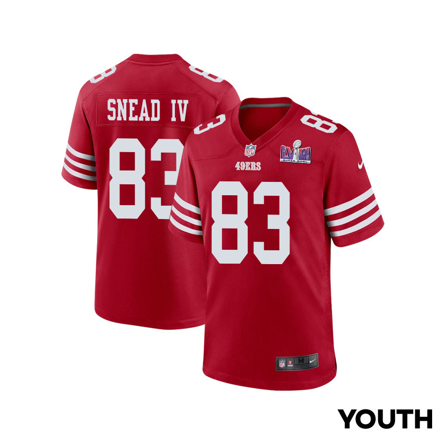 Willie Snead IV 83 San Francisco 49ers Super Bowl LVIII Patch Game Scarlet NFL Jersey Youth