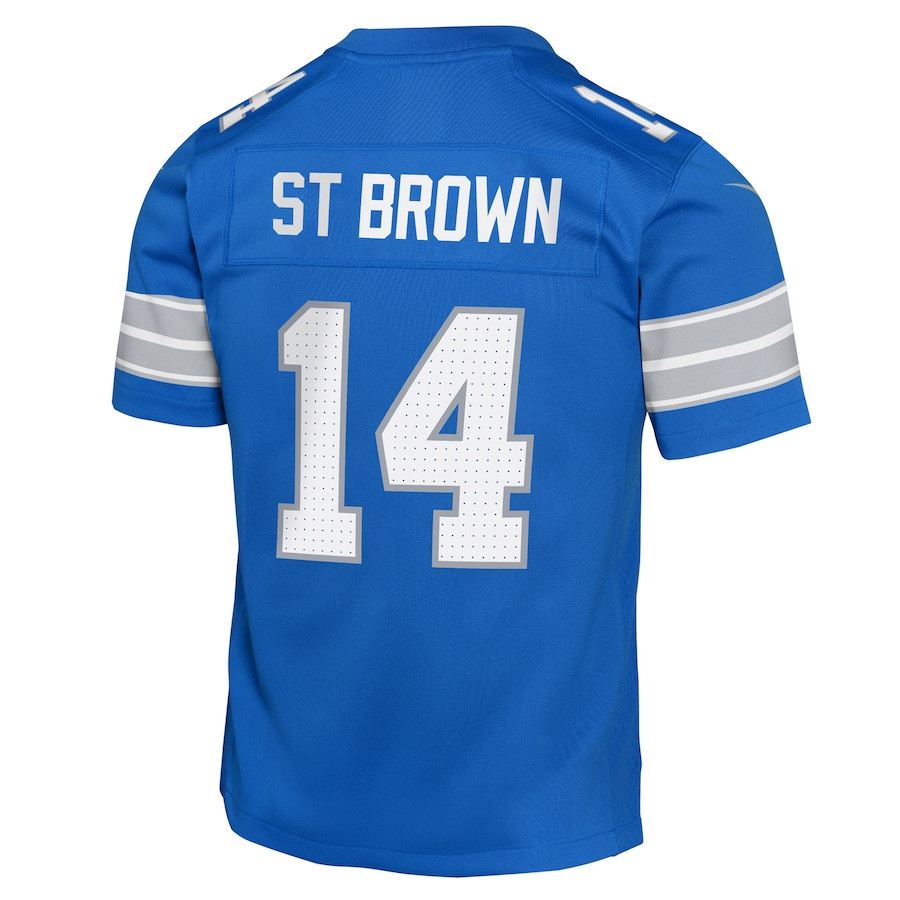 Amon-Ra St. Brown 14 Detroit Lions Team Player Game Blue NFL Jersey Youth