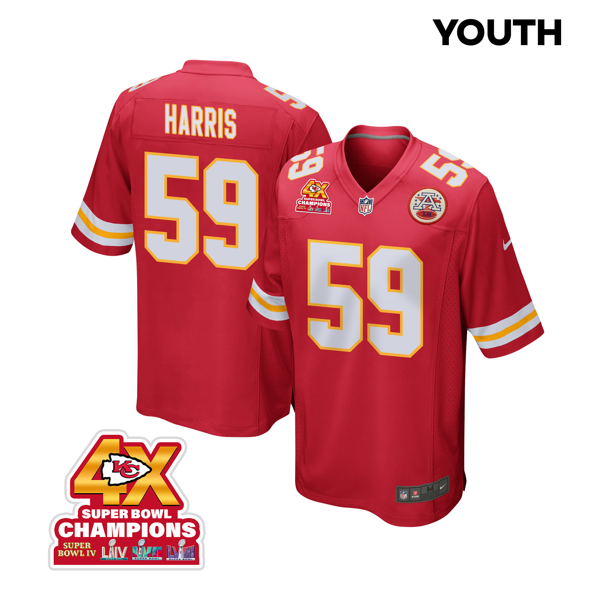 Darius Harris 59 Kansas City Chiefs Super Bowl LVIII Champions 4X Game Red NFL Jersey Youth