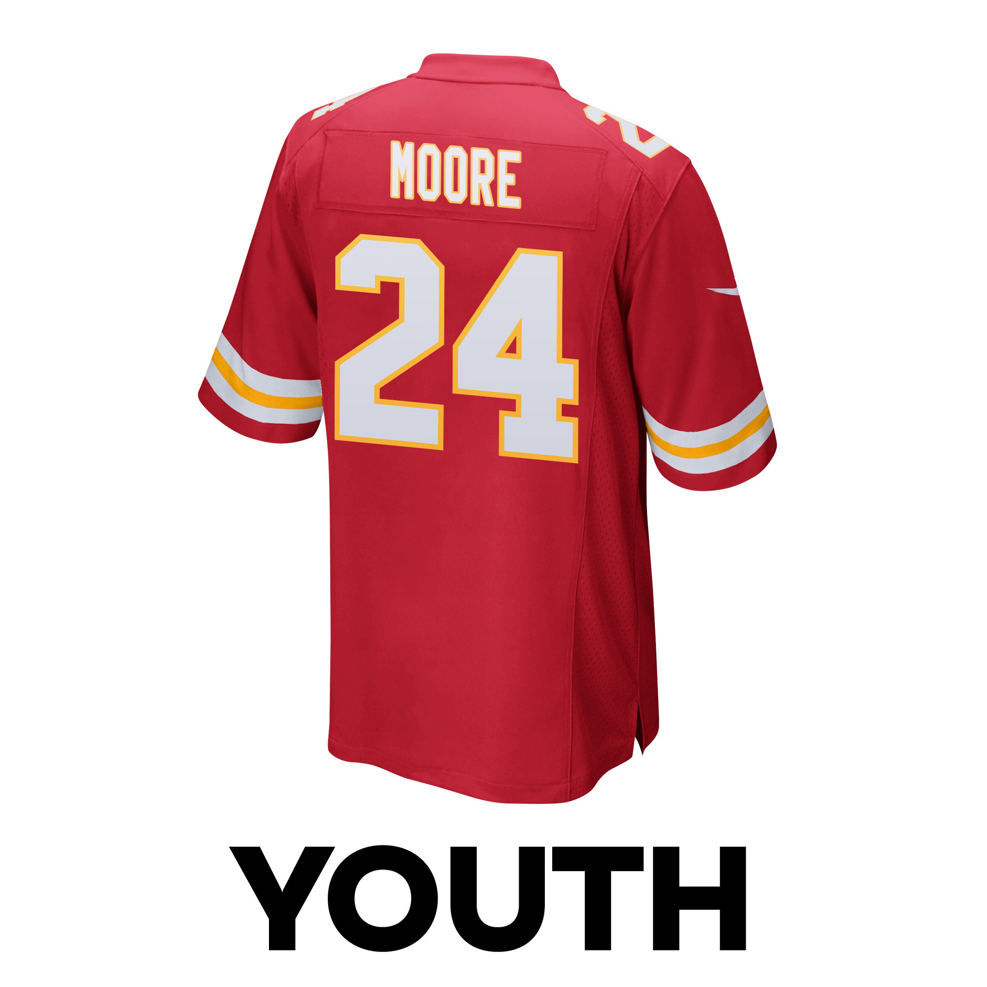 Skyy Moore 24 Kansas City Chiefs Super Bowl LVIII Champions 4 Stars Patch Game Red NFL Jersey Youth