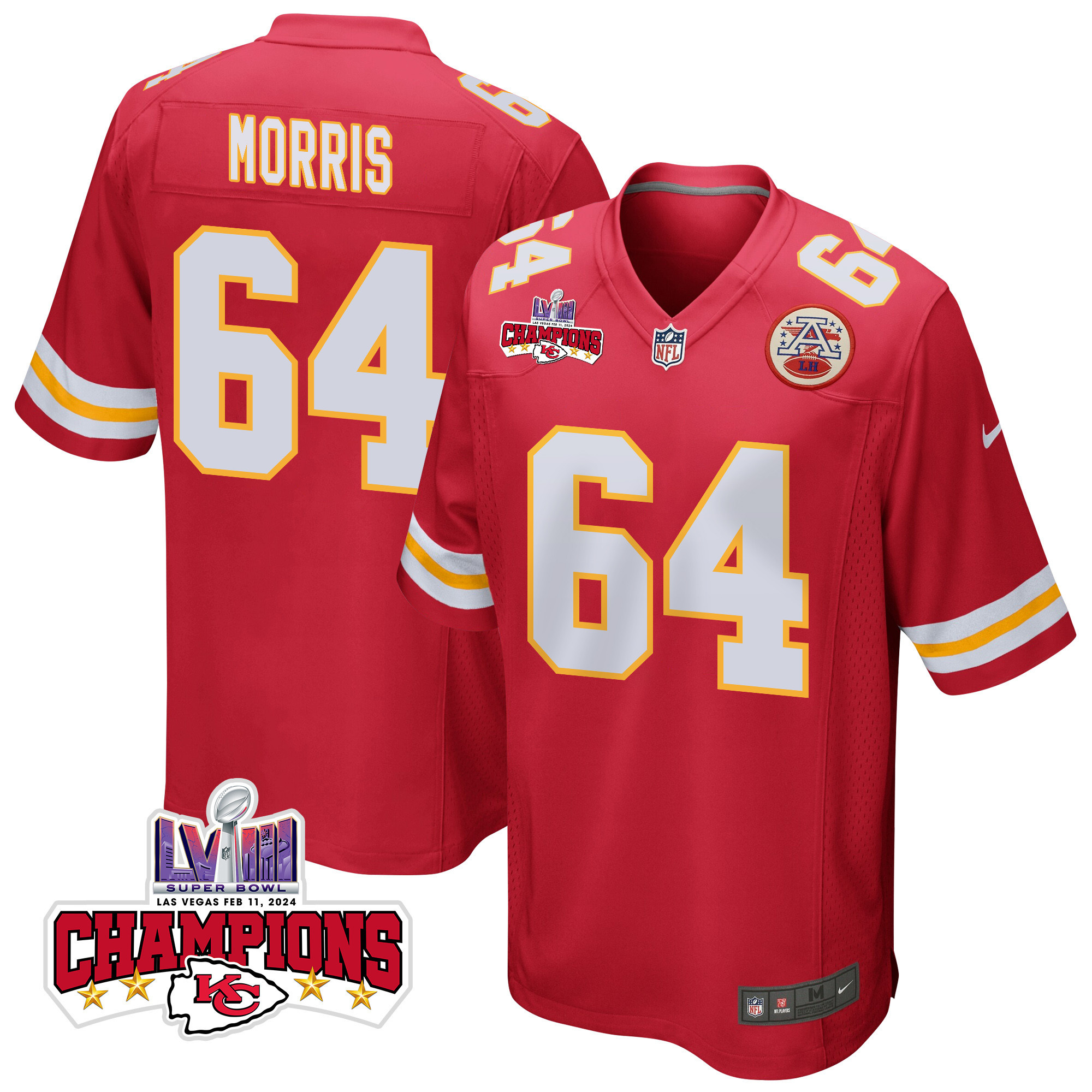 Wanya Morris 64 Kansas City Chiefs Super Bowl LVIII Champions 4 Stars Patch Game Red NFL Jersey Men's