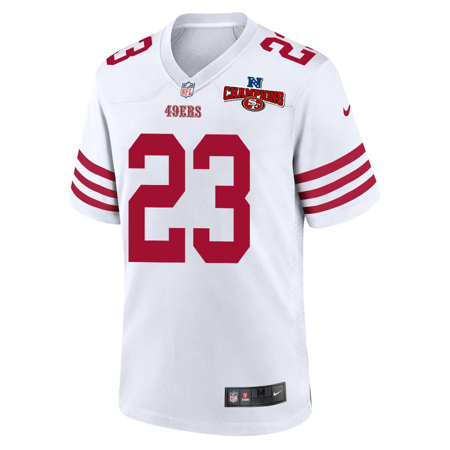 Christian McCaffrey 23 San Francisco 49ers NFC Champions Patch Game White NFL Jersey Men's