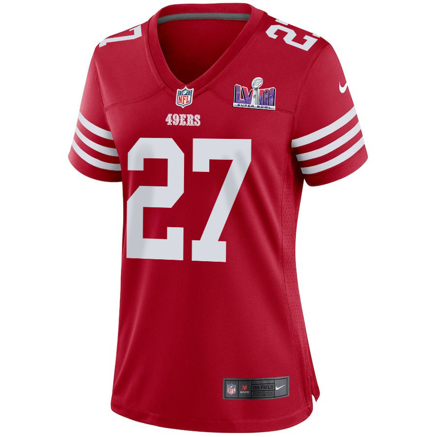 Ji'Ayir Brown 27 San Francisco 49ers Super Bowl LVIII Patch Game Scarlet NFL Jersey Women's
