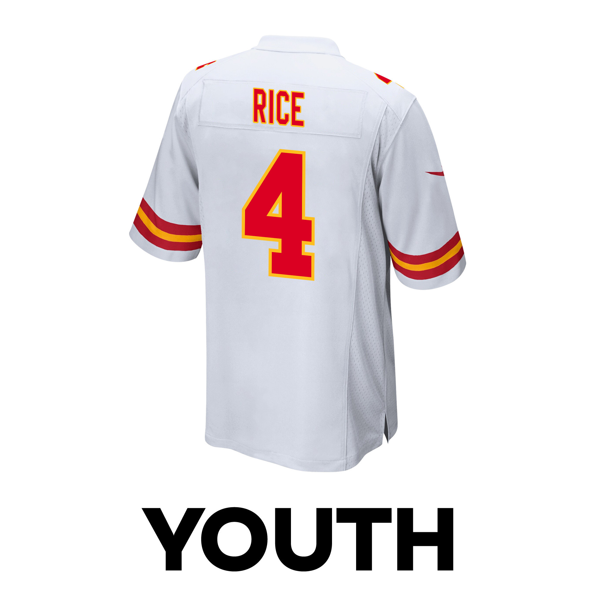 Rashee Rice 4 Kansas City Chiefs Super Bowl LVIII Champions 4 Stars Patch Game White NFL Jersey Youth