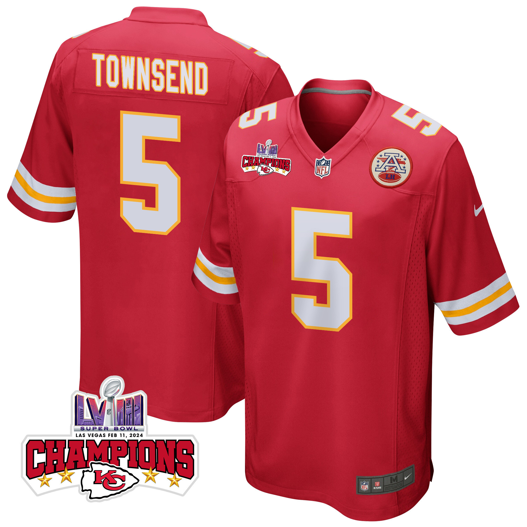 Tommy Townsend 5 Kansas City Chiefs Super Bowl LVIII Champions 4 Stars Patch Game Red NFL Jersey Men's