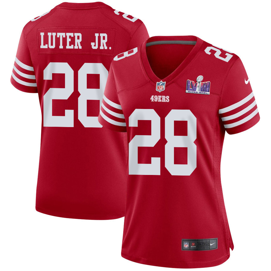 Darrell Luter Jr. 28 San Francisco 49ers Super Bowl LVIII Patch Game Scarlet NFL Jersey Women's