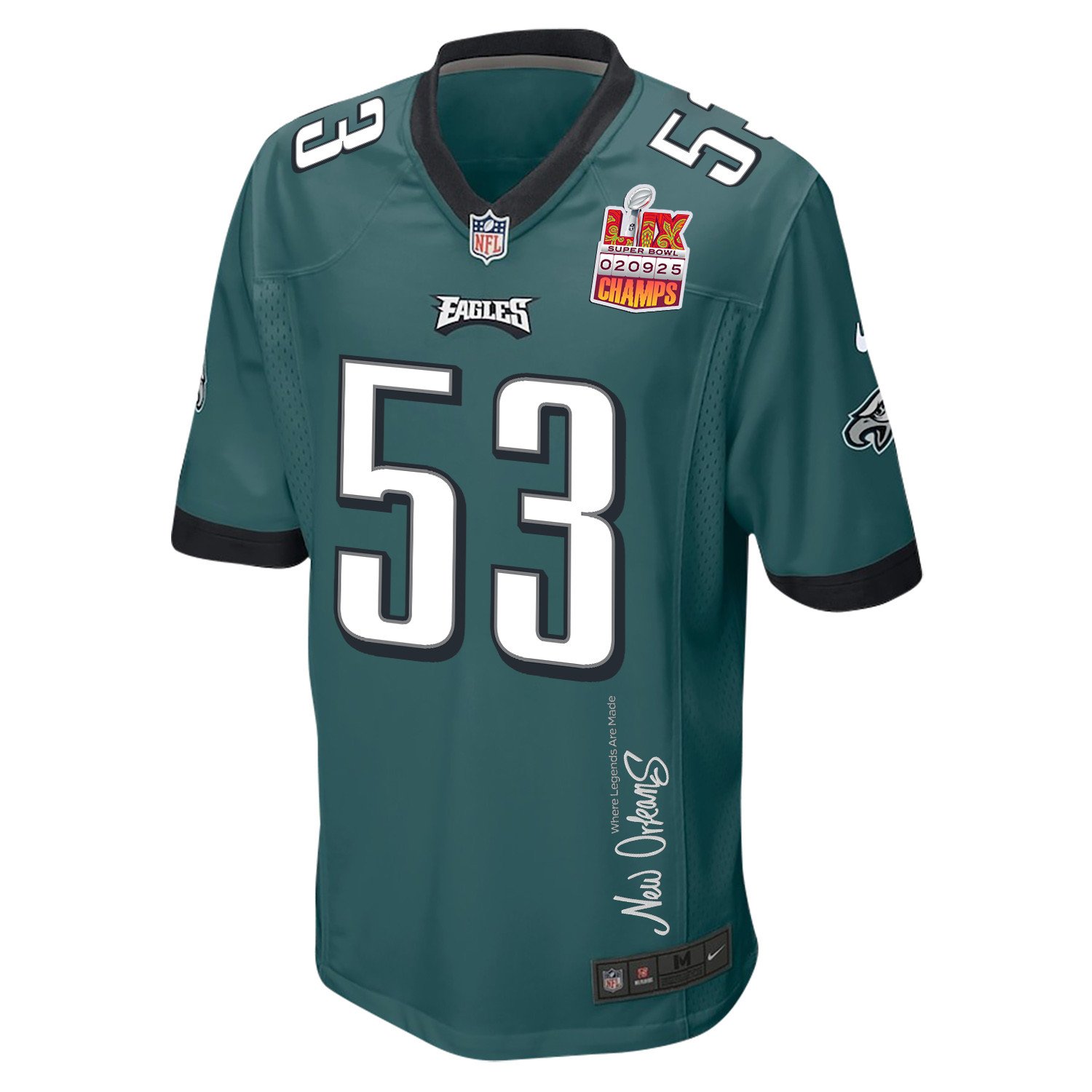 Zack Baun 53 Philadelphia Eagles Super Bowl LIX Champions Patch New Orleans Where Legends Are Made' EMBROIDERED Game Midnight Green NFL Jersey Men's