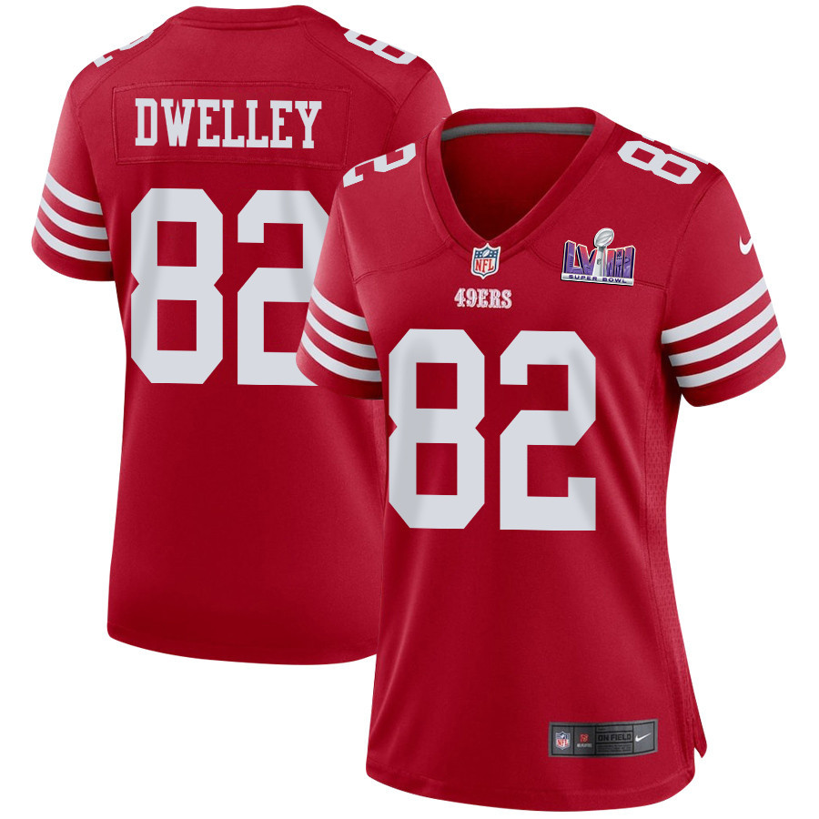 Ross Dwelley 82 San Francisco 49ers Super Bowl LVIII Patch Game Scarlet NFL Jersey Women's