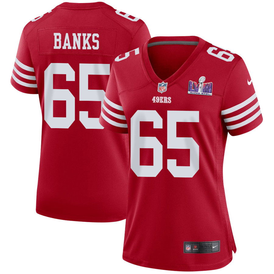 Aaron Banks 65 San Francisco 49ers Super Bowl LVIII Patch Game Scarlet NFL Jersey Women's