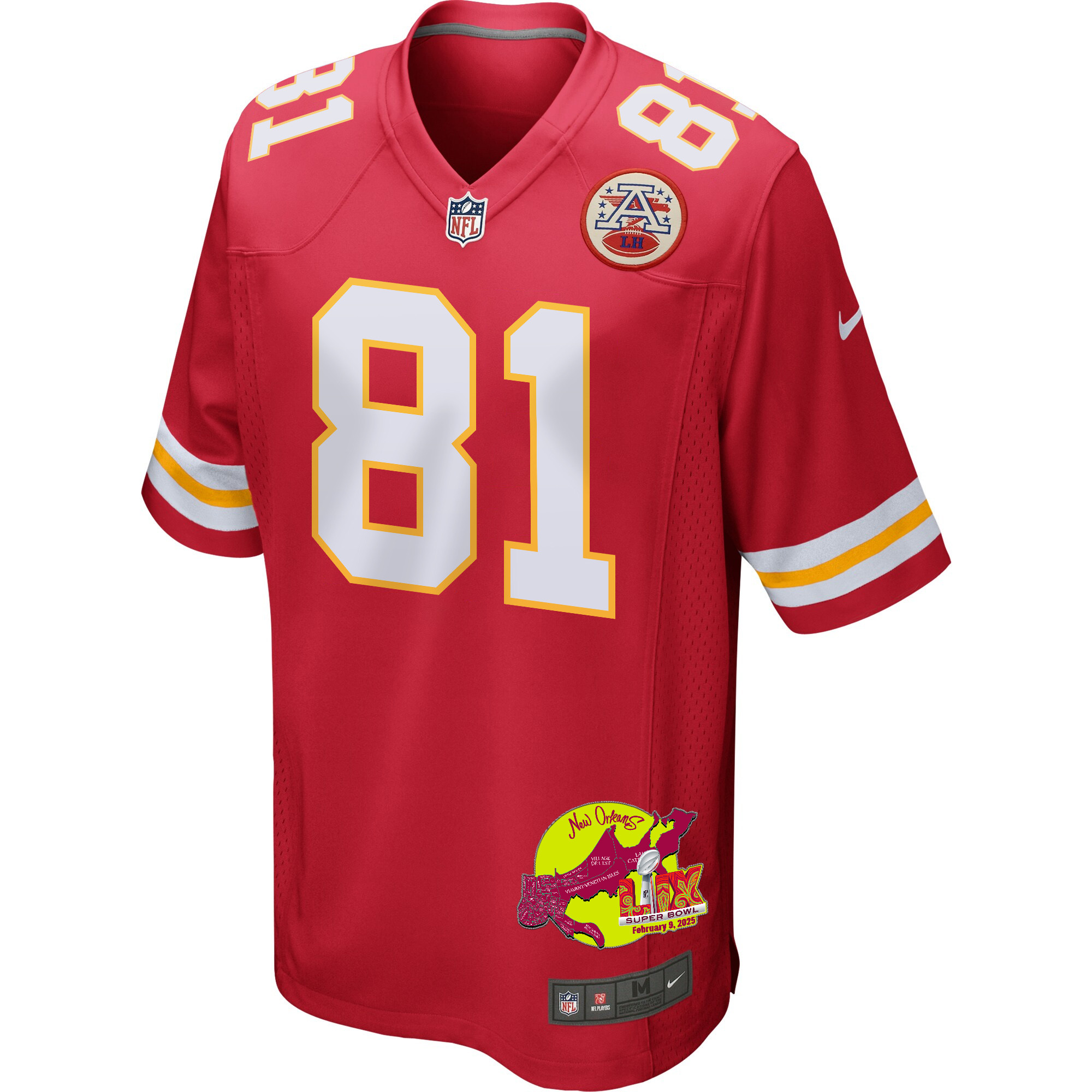 Nikko Remigio 81 Kansas City Chiefs Super Bowl LIX New Orleans Patch Game Red NFL Jersey Men's