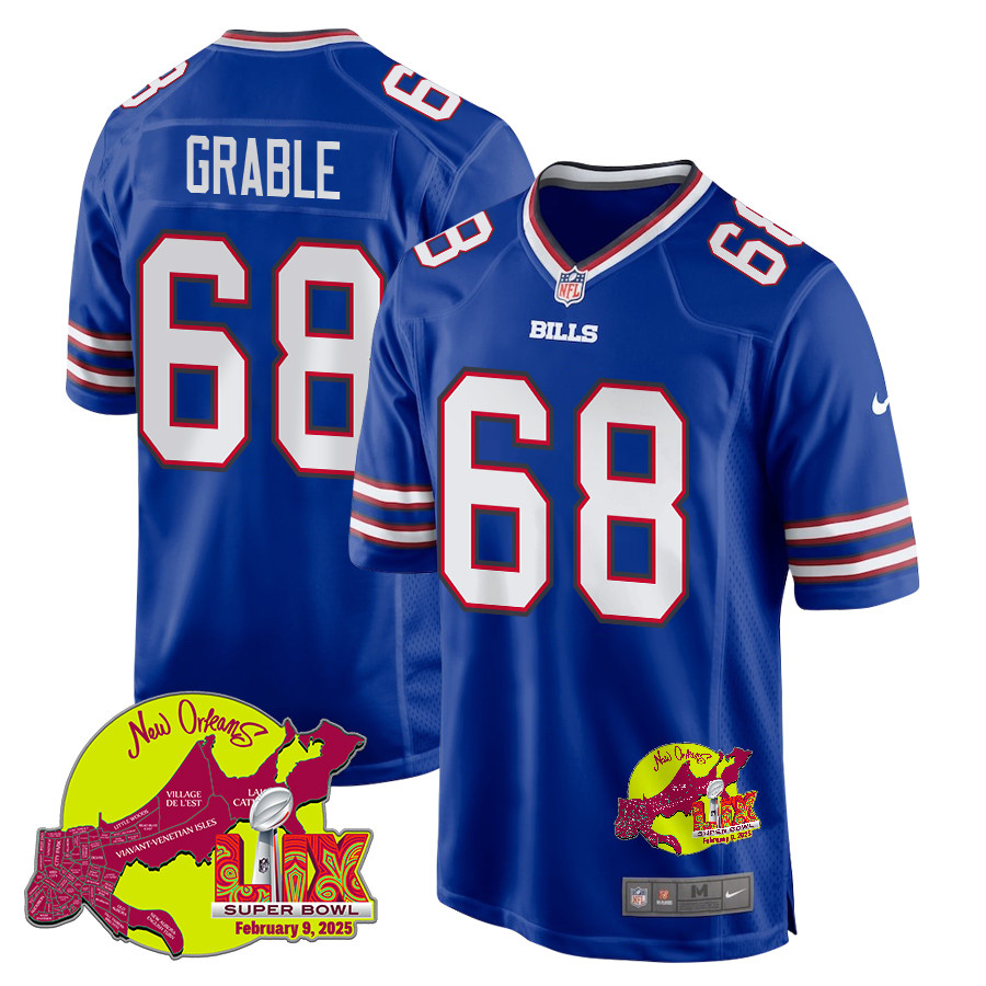 Tylan Grable 68 Buffalo Bills Super Bowl LIX New Orleans Patch Game Royal NFL Jersey Men's