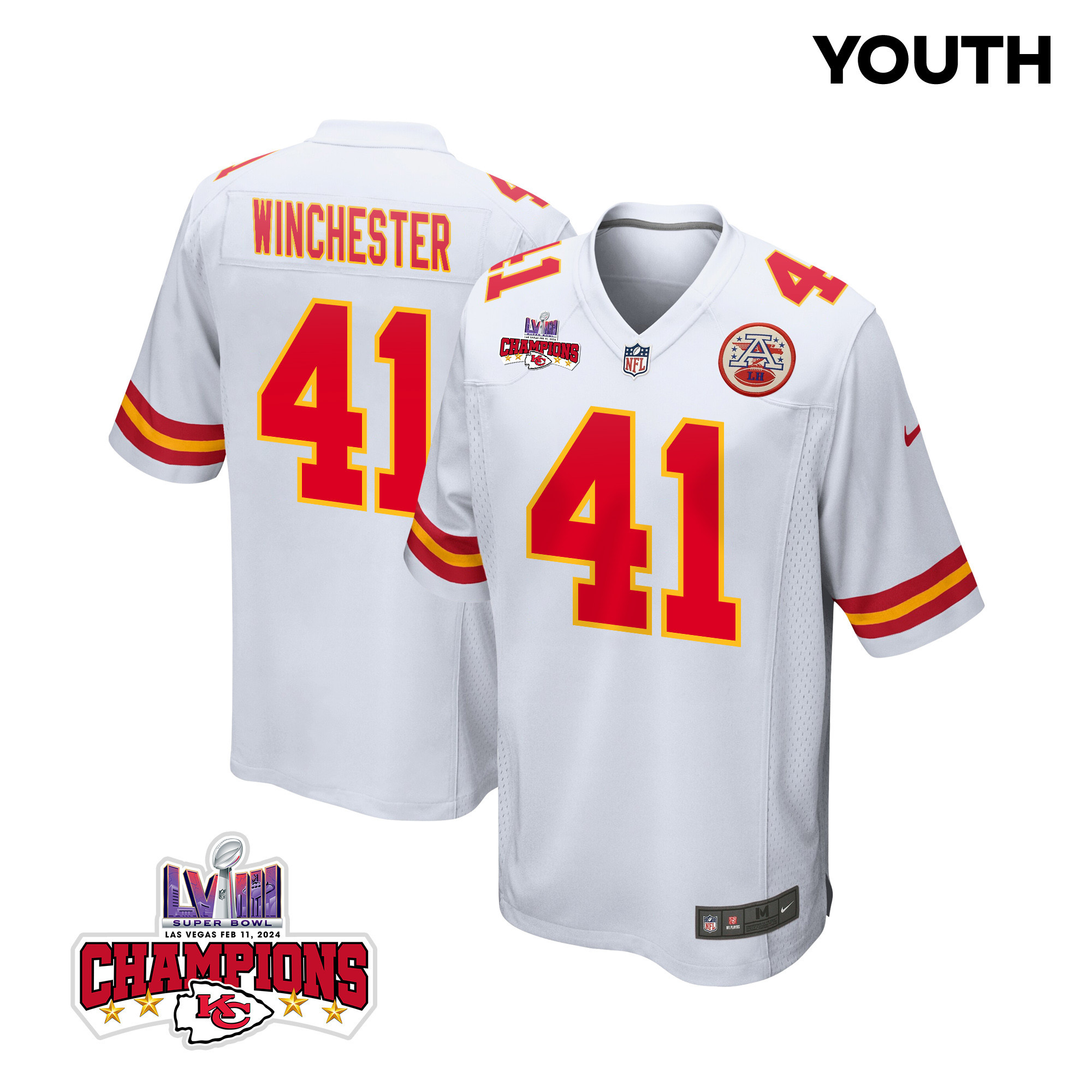 James Winchester 41 Kansas City Chiefs Super Bowl LVIII Champions 4 Stars Patch Game White NFL Jersey Youth