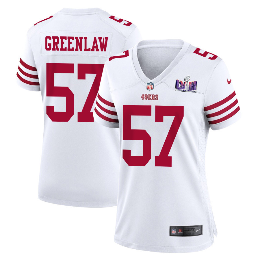 Dre Greenlaw 57 San Francisco 49ers Super Bowl LVIII Patch Game White NFL Jersey Women's
