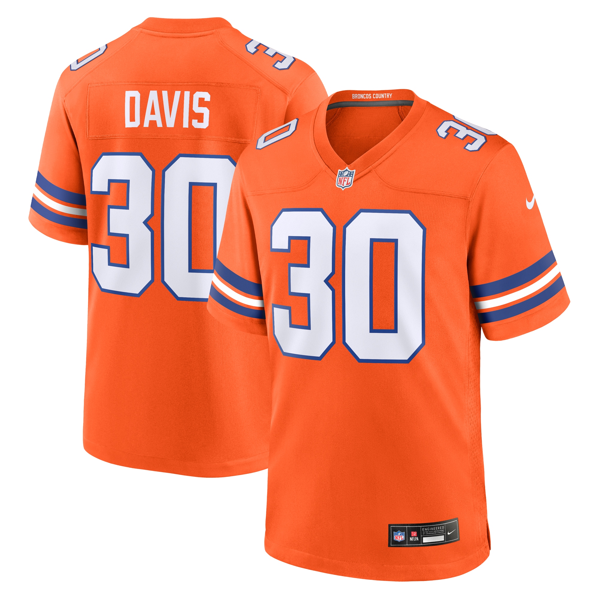 Denver Broncos Terrell Davis Orange Mile High Collection 1977 Throwback Retired Player Game NFL Jersey Men's