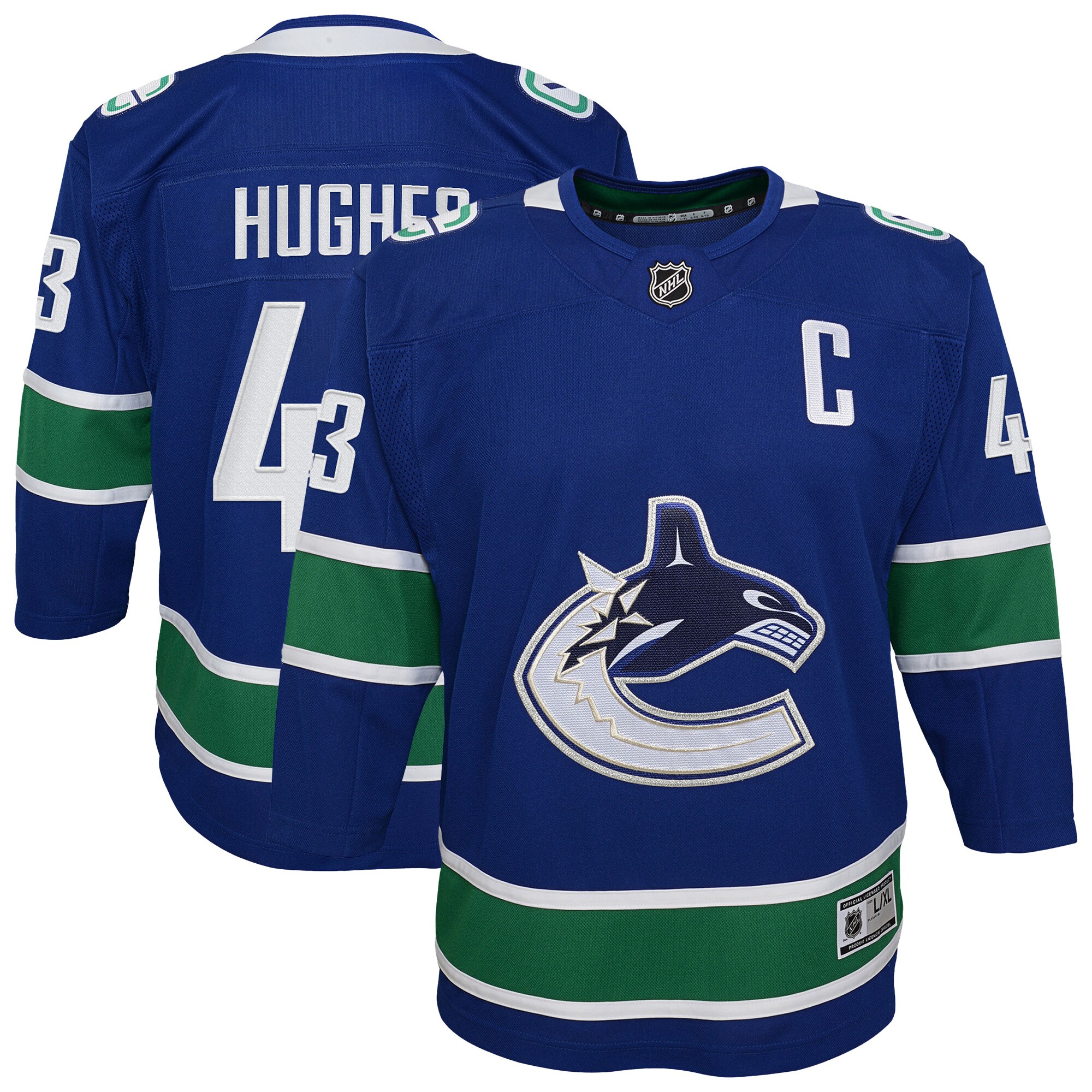 Vancouver Canucks Quinn Hughes Blue Home Premier Player NHL Jersey Youth