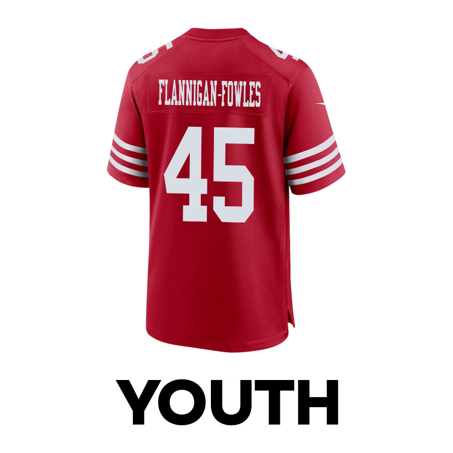 Demetrius Flannigan-Fowles 45 San Francisco 49ers Super Bowl LVIII Patch Game Scarlet NFL Jersey Youth
