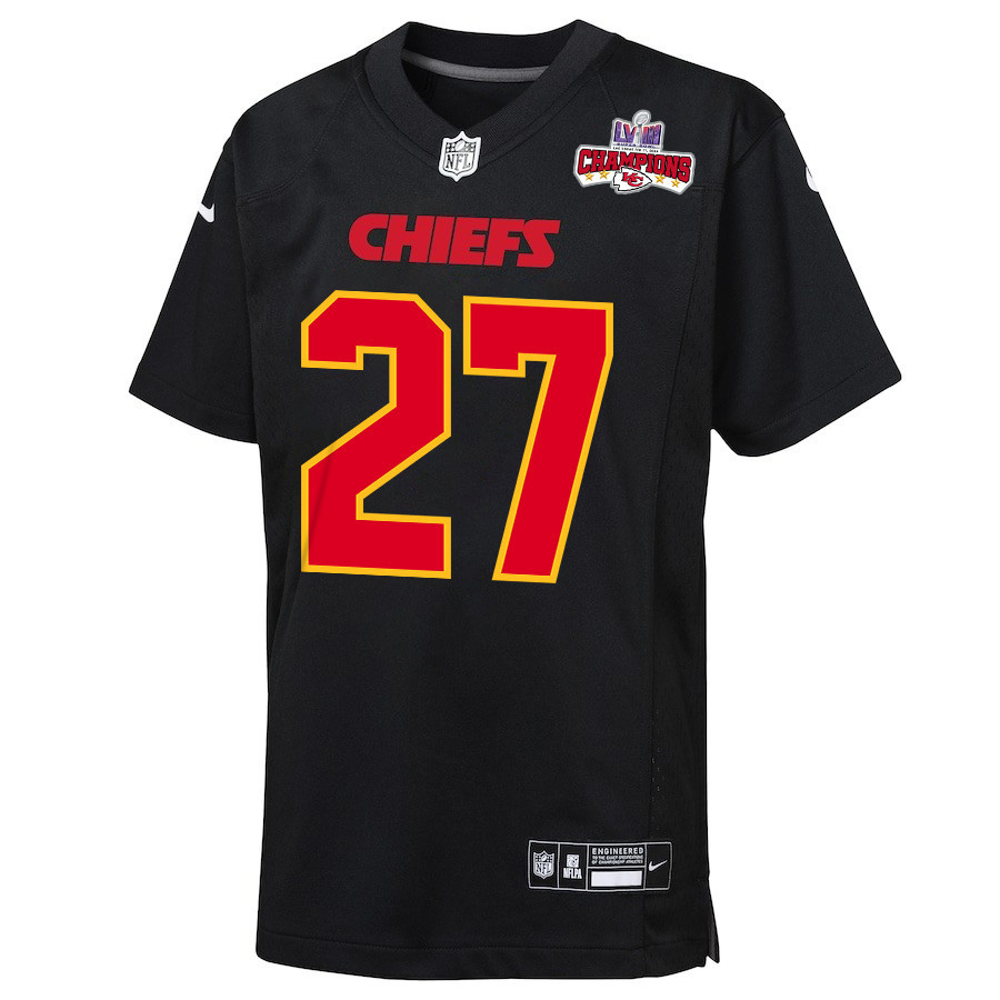 Chamarri Conner 27 Kansas City Chiefs Super Bowl LVIII Champions 4 Stars Patch Fashion Game Carbon Black NFL Jersey Youth
