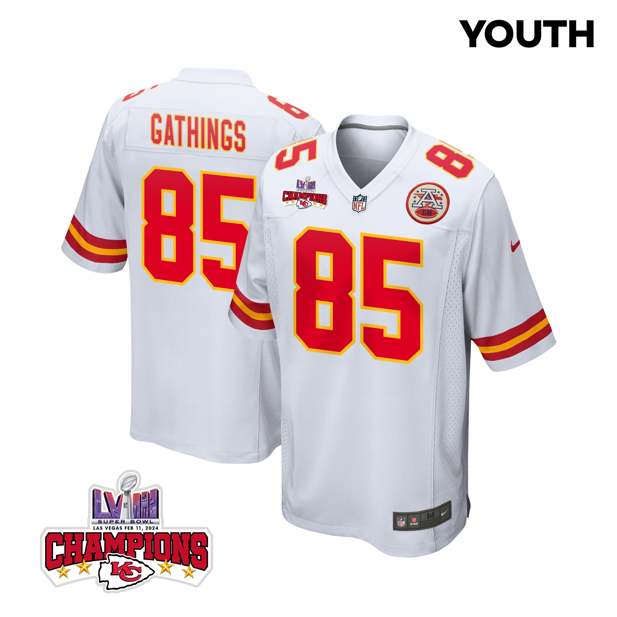 Izaiah Gathings 85 Kansas City Chiefs Super Bowl LVIII Champions 4 Stars Patch Game White NFL Jersey Youth