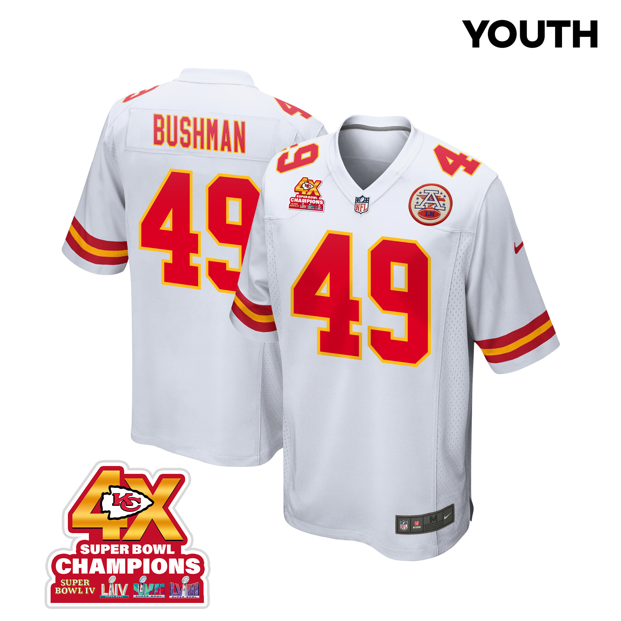 Matt Bushman 49 Kansas City Chiefs Super Bowl LVIII Champions 4X Game White NFL Jersey Youth