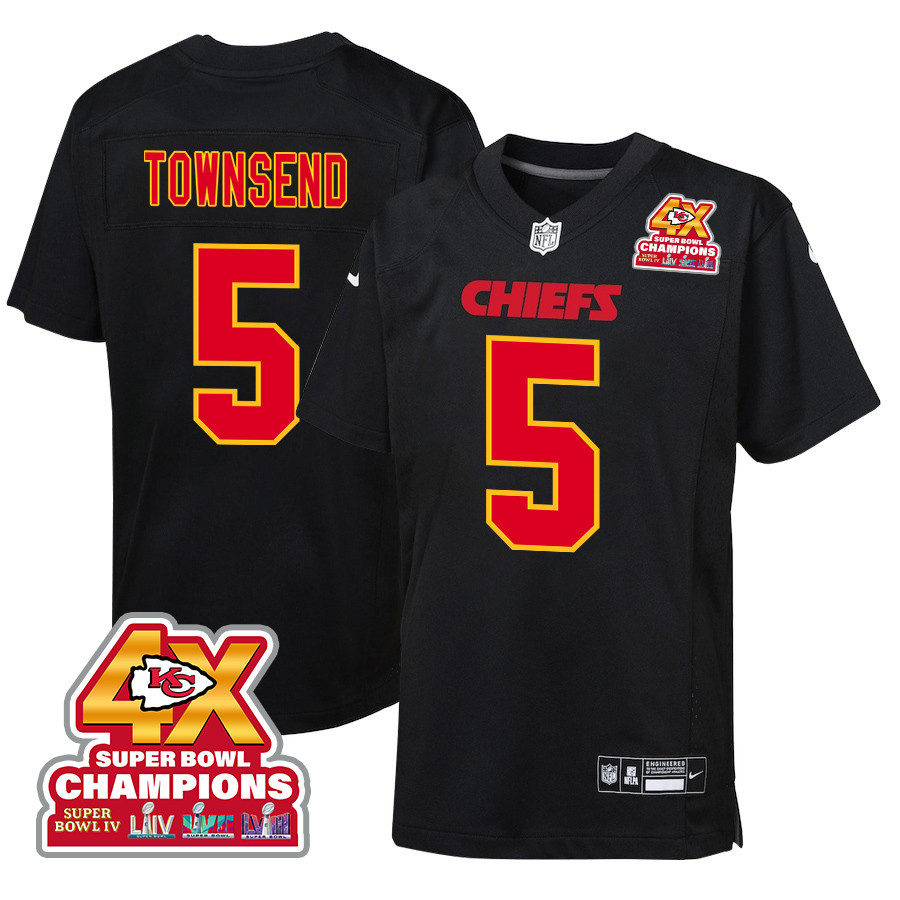 Tommy Townsend 5 Kansas City Chiefs Super Bowl LVIII Champions 4X Fashion Game Carbon Black NFL Jersey Youth