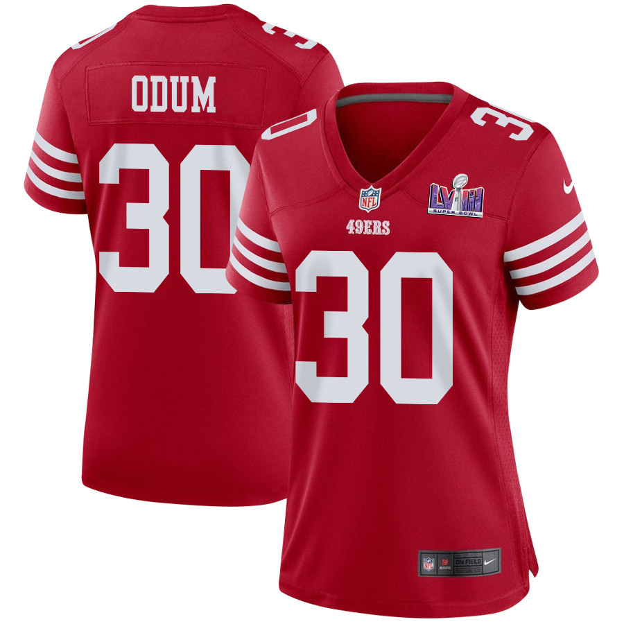 George Odum 30 San Francisco 49ers Super Bowl LVIII Patch Game Scarlet NFL Jersey Women's