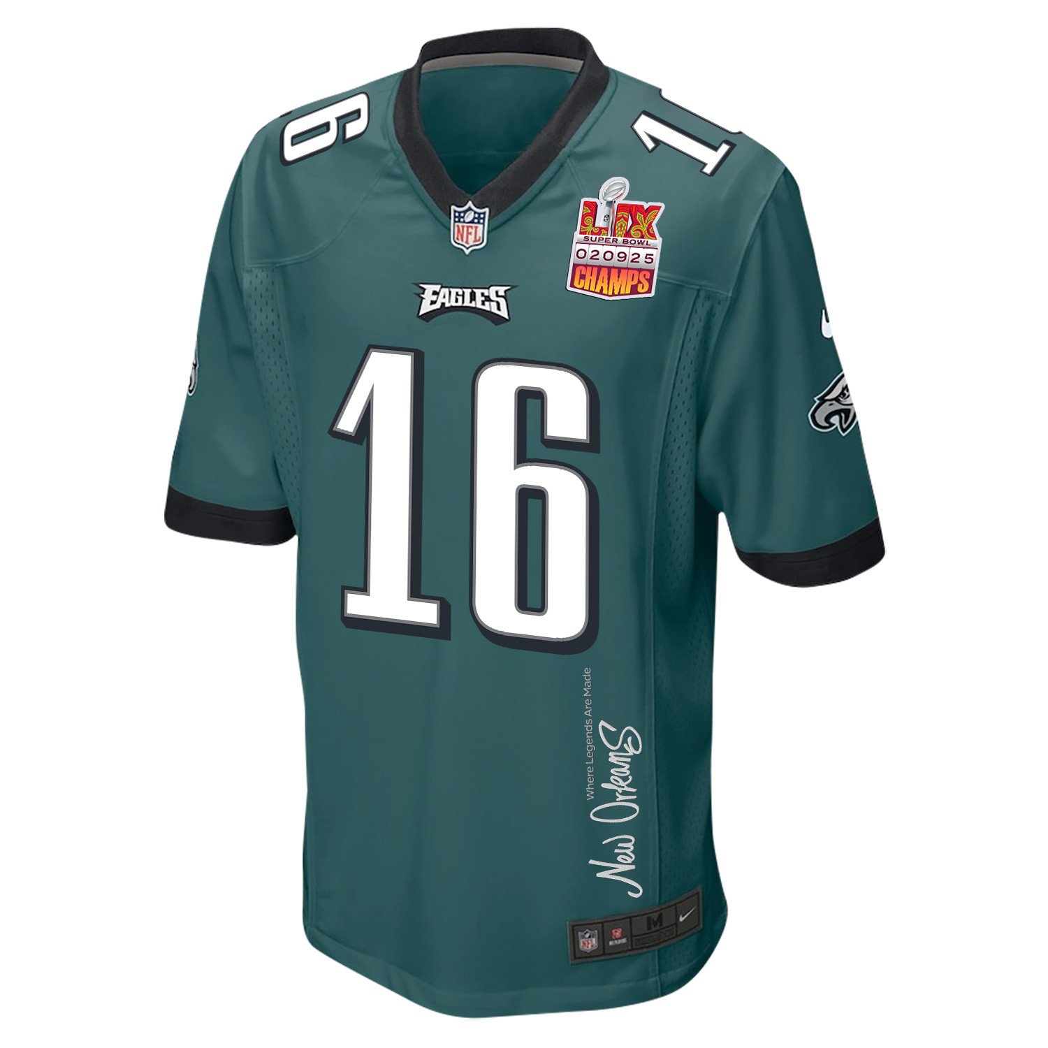 Tanner McKee 16 Philadelphia Eagles Super Bowl LIX Champions Patch New Orleans Where Legends Are Made' EMBROIDERED Game Midnight Green NFL Jersey Men's