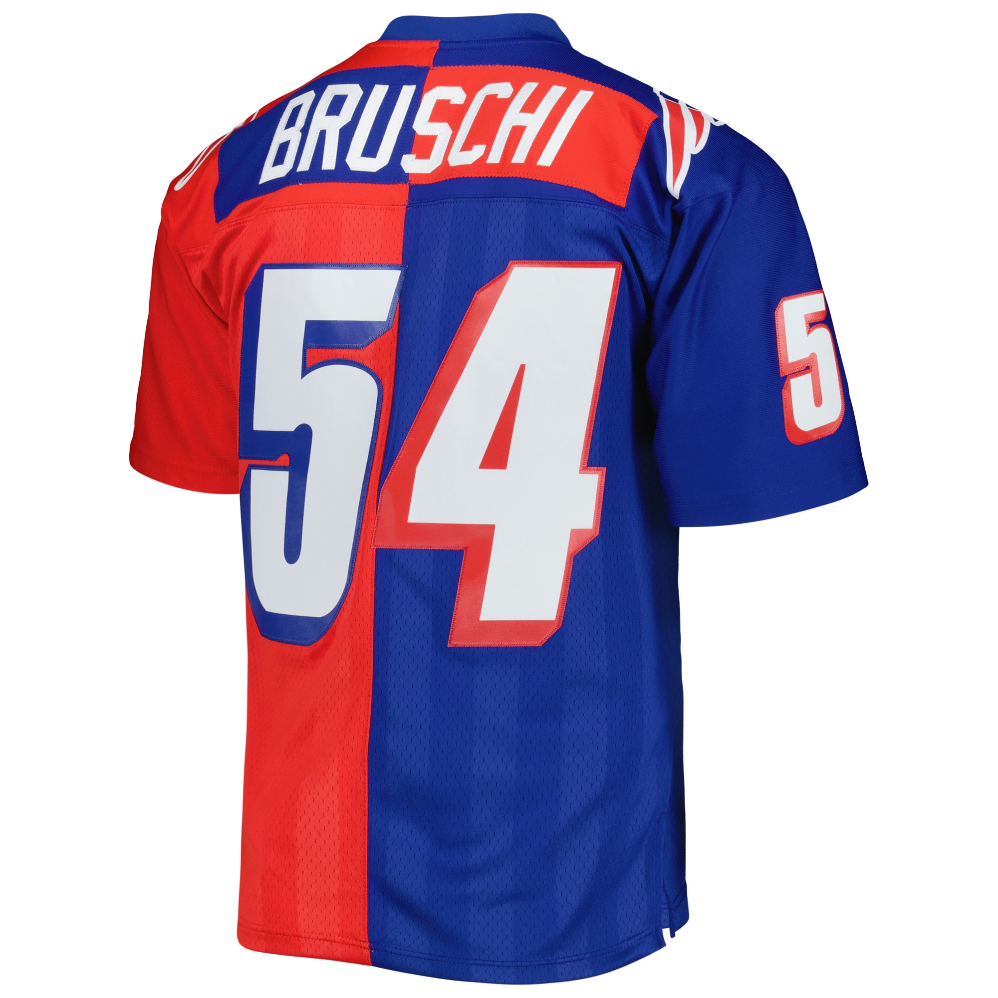 New England Patriots Tedy Bruschi Mitchell Ness Royal/Red 1996 Split Legacy NFL Jersey Men's
