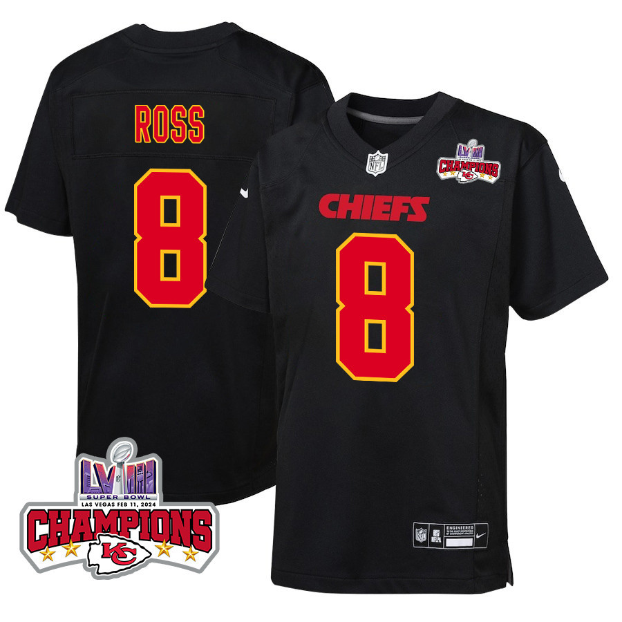 Justyn Ross 8 Kansas City Chiefs Super Bowl LVIII Champions 4 Stars Patch Fashion Game Carbon Black NFL Jersey Youth
