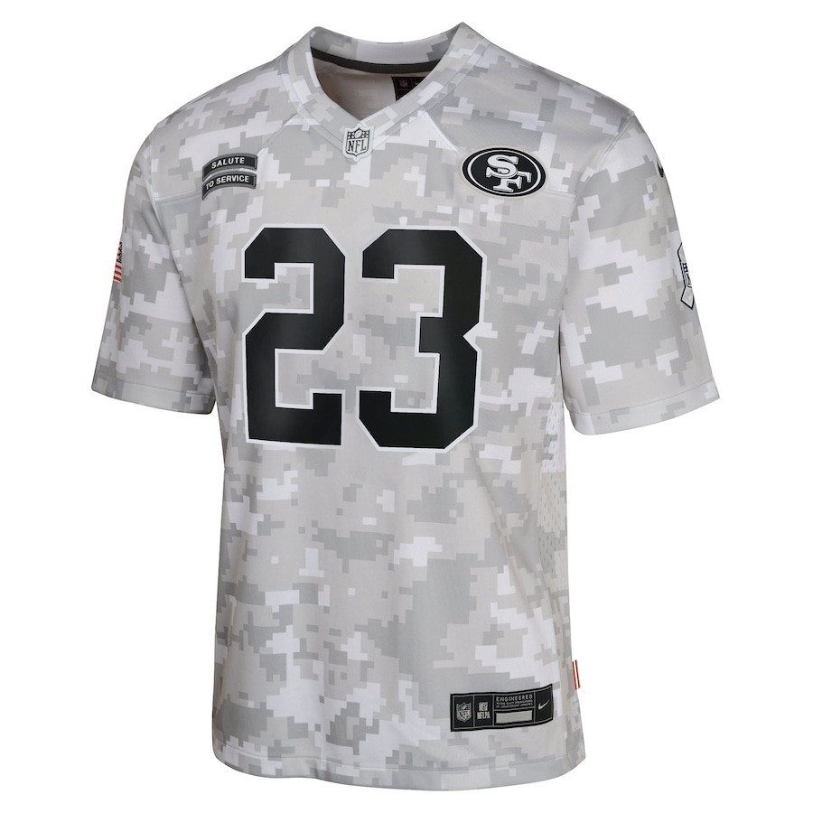 Christian McCaffrey 23 San Francisco 49ers 2024 Salute to Service Game Arctic Camo NFL Jersey Youth