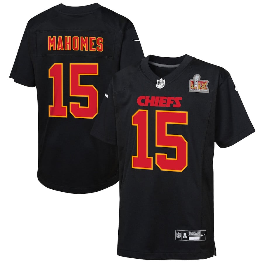 Patrick Mahomes 15 Kansas City Chiefs Super Bowl LIX Patch Fashion Game Carbon Black NFL Jersey Youth